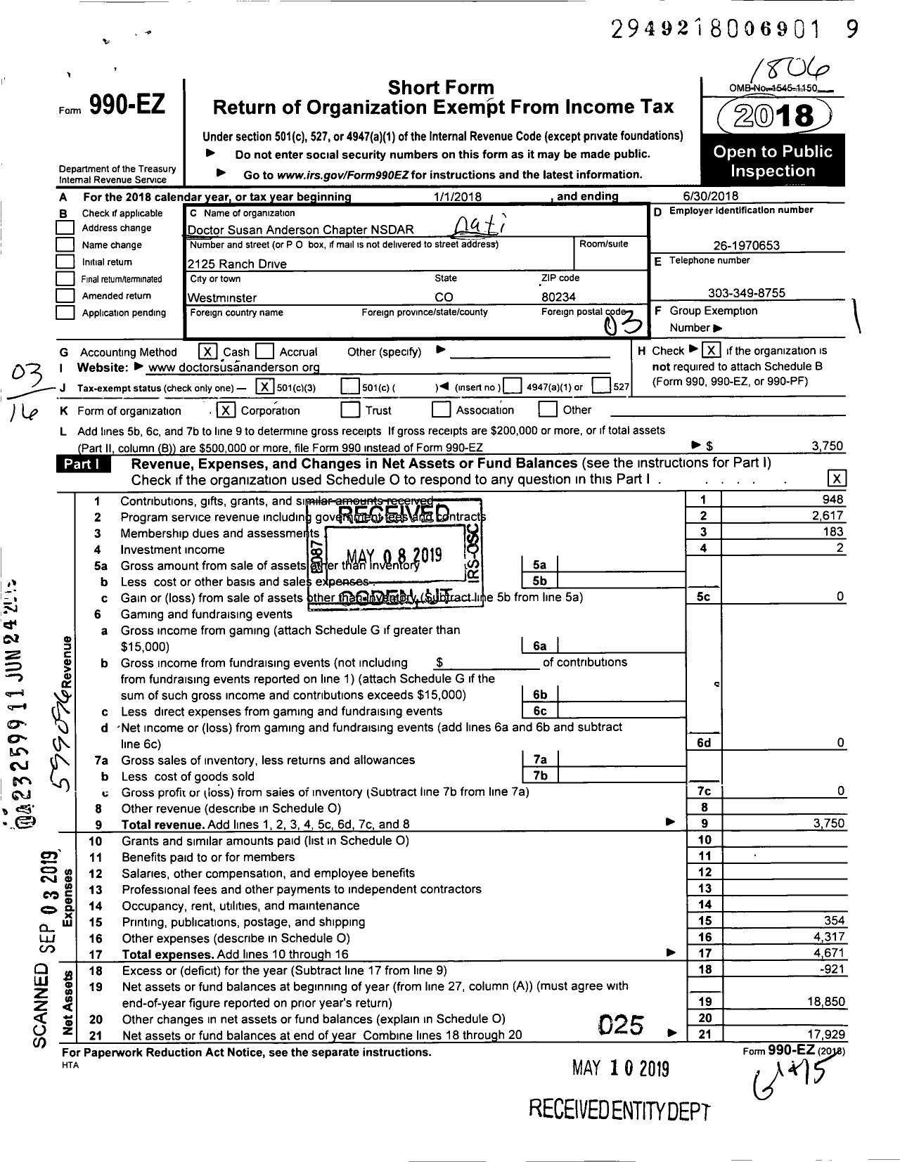 Image of first page of 2017 Form 990EZ for Daughters of the American Revolution - Doctor Susan Anderson Dar