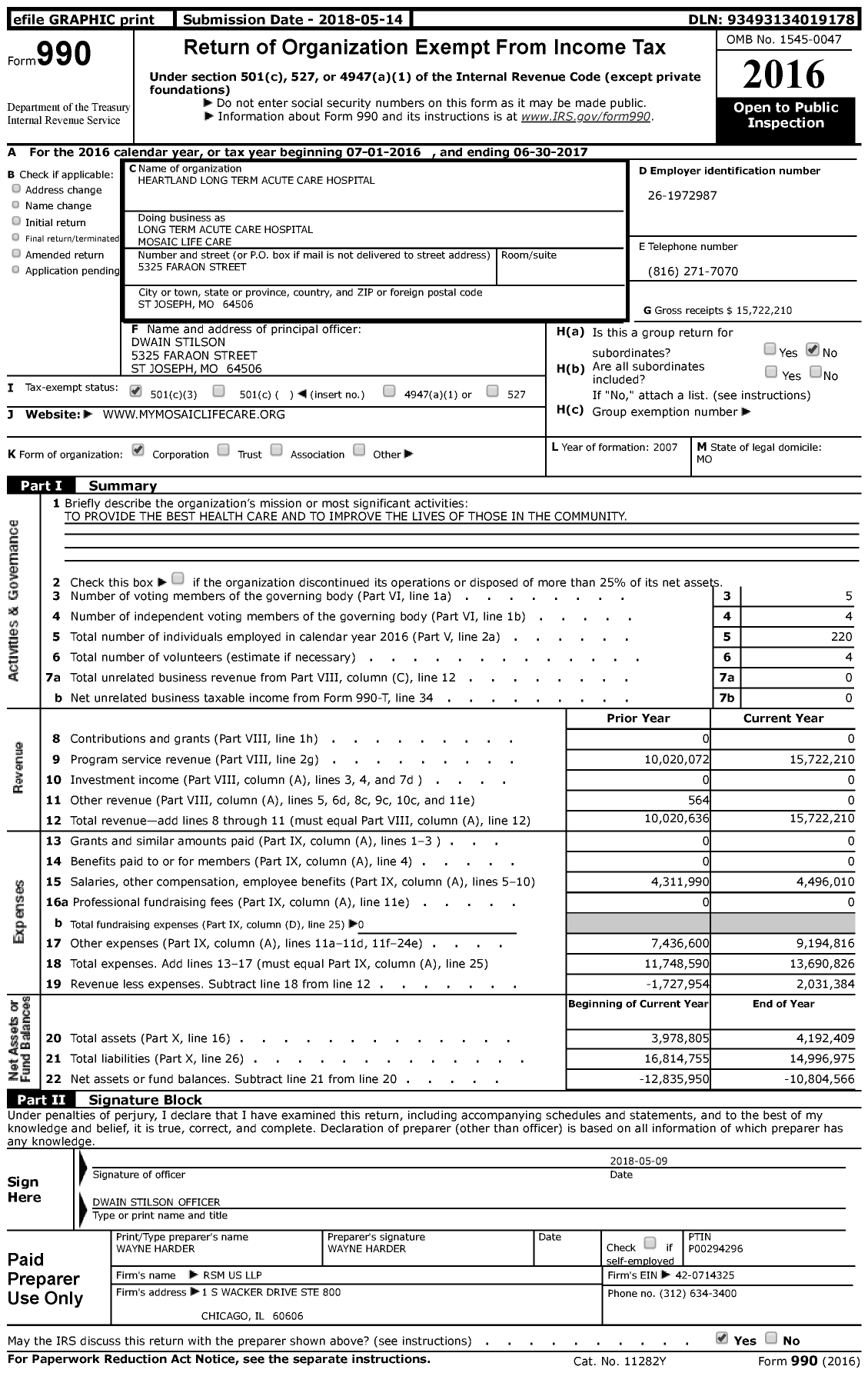 Image of first page of 2016 Form 990 for Heartland Long Term Acute Care Hospital (HLTACH)