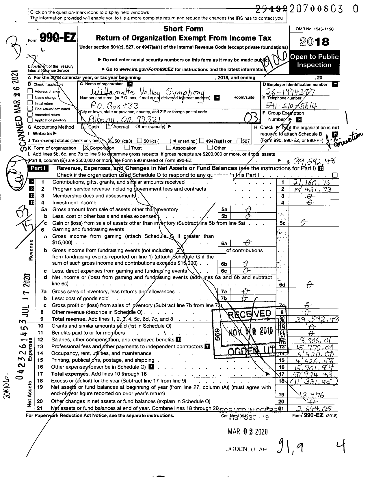 Image of first page of 2018 Form 990EZ for Willamette Valley Symphony