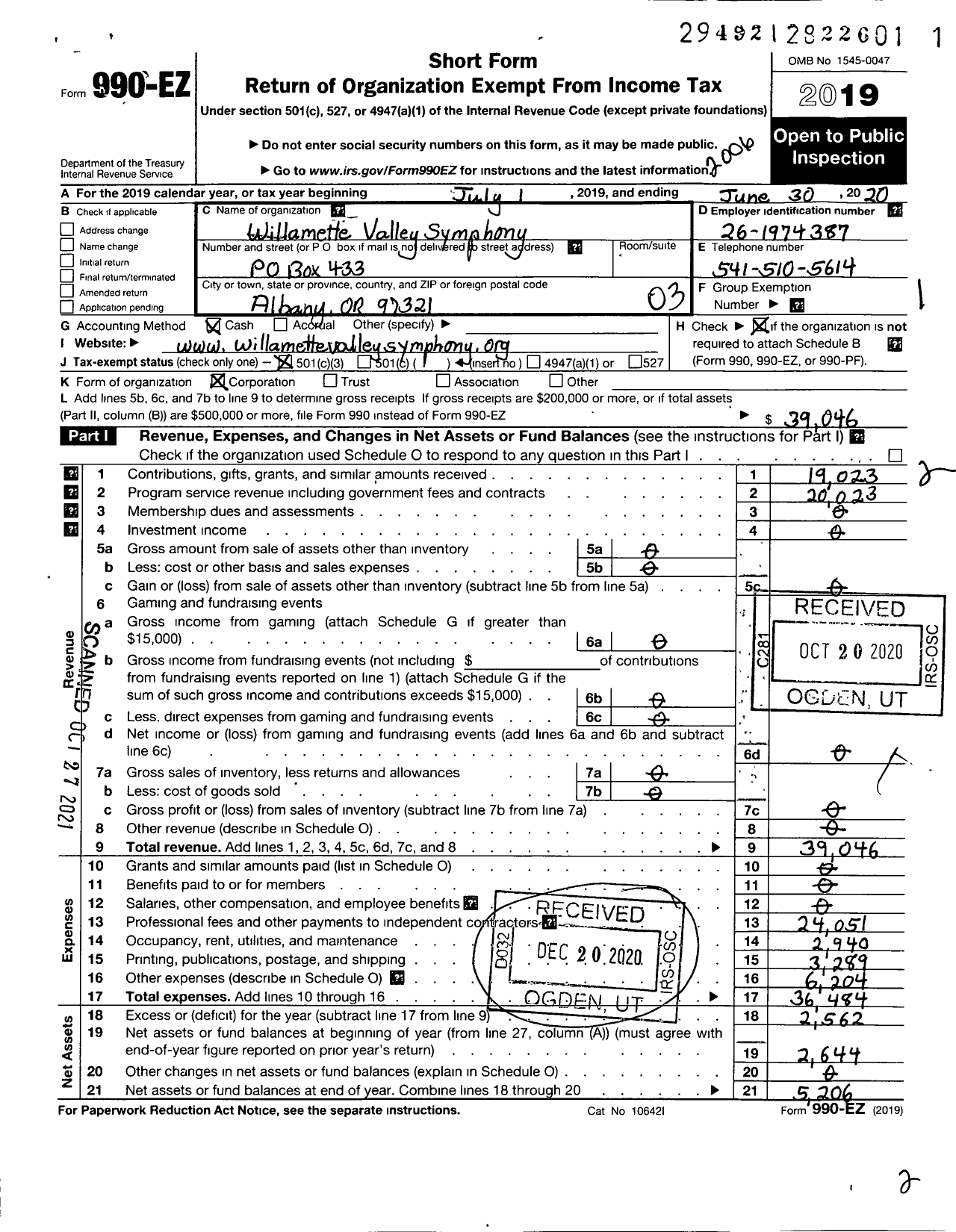 Image of first page of 2019 Form 990EZ for Willamette Valley Symphony