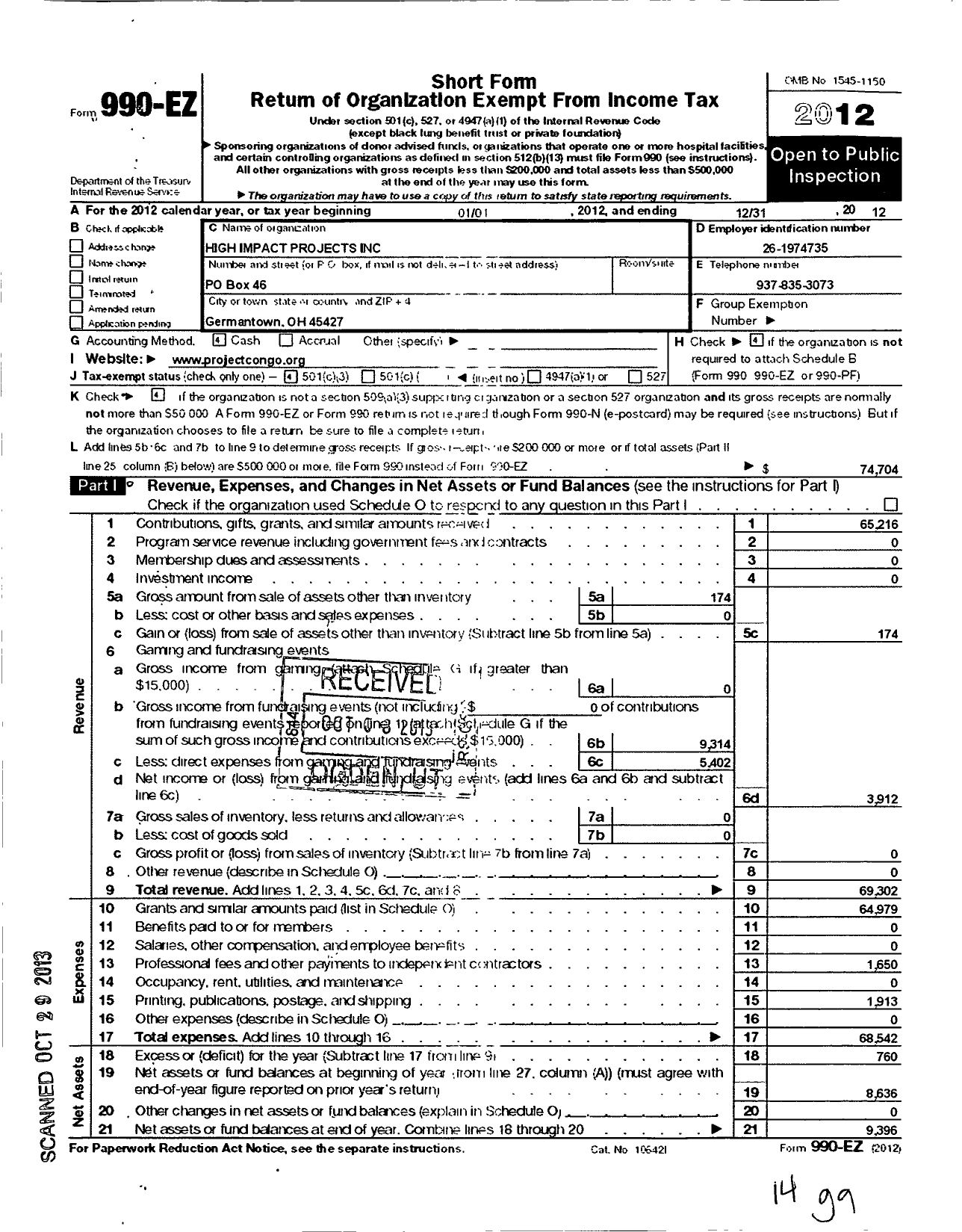 Image of first page of 2012 Form 990EZ for Project Congo