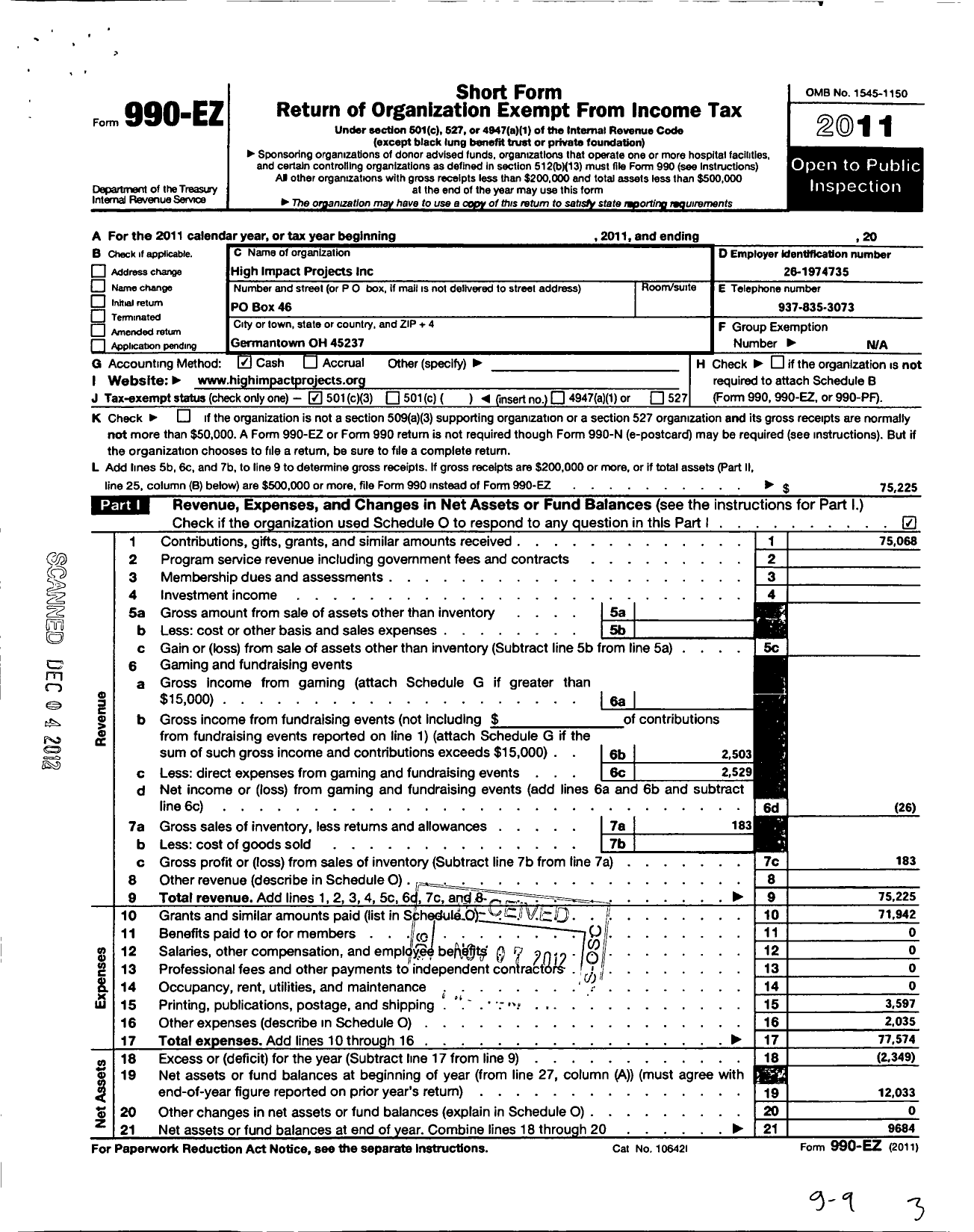 Image of first page of 2011 Form 990EZ for Project Congo