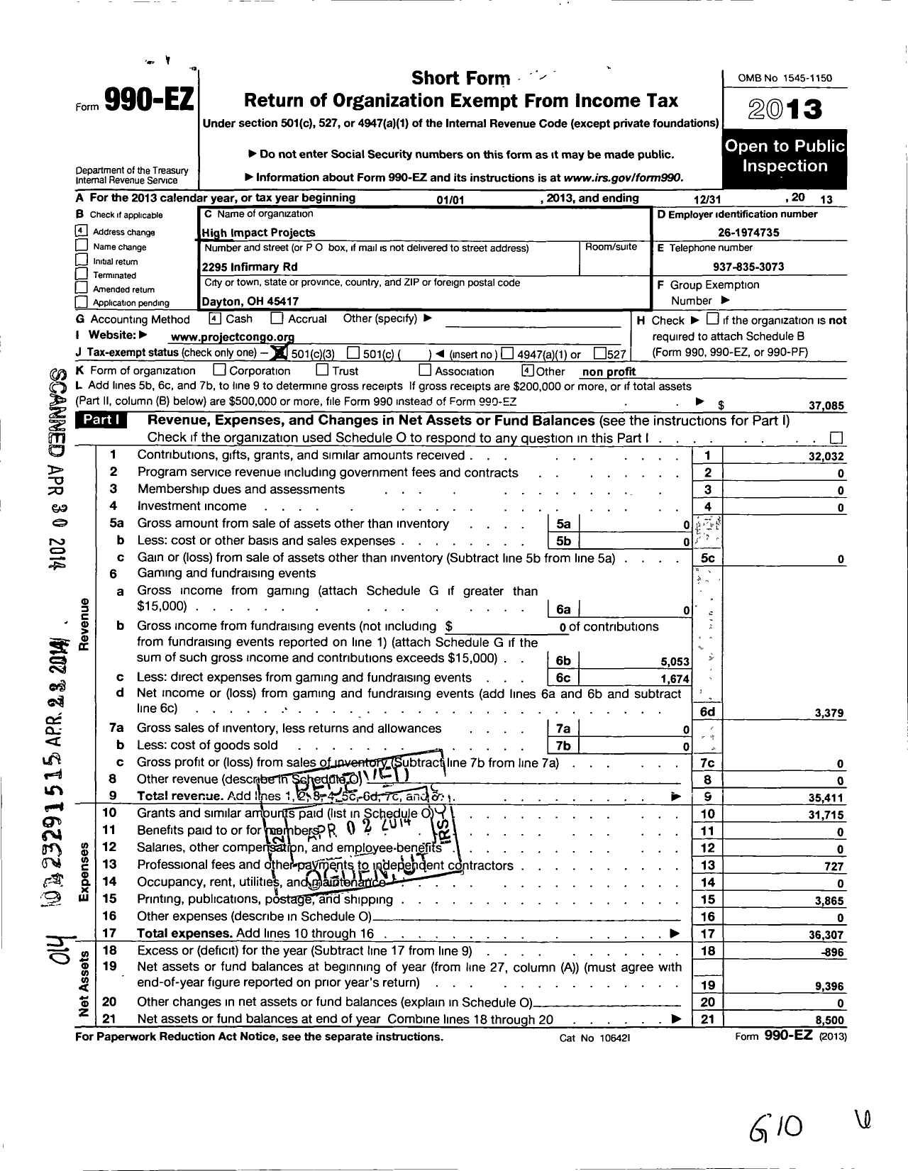 Image of first page of 2013 Form 990EZ for Project Congo