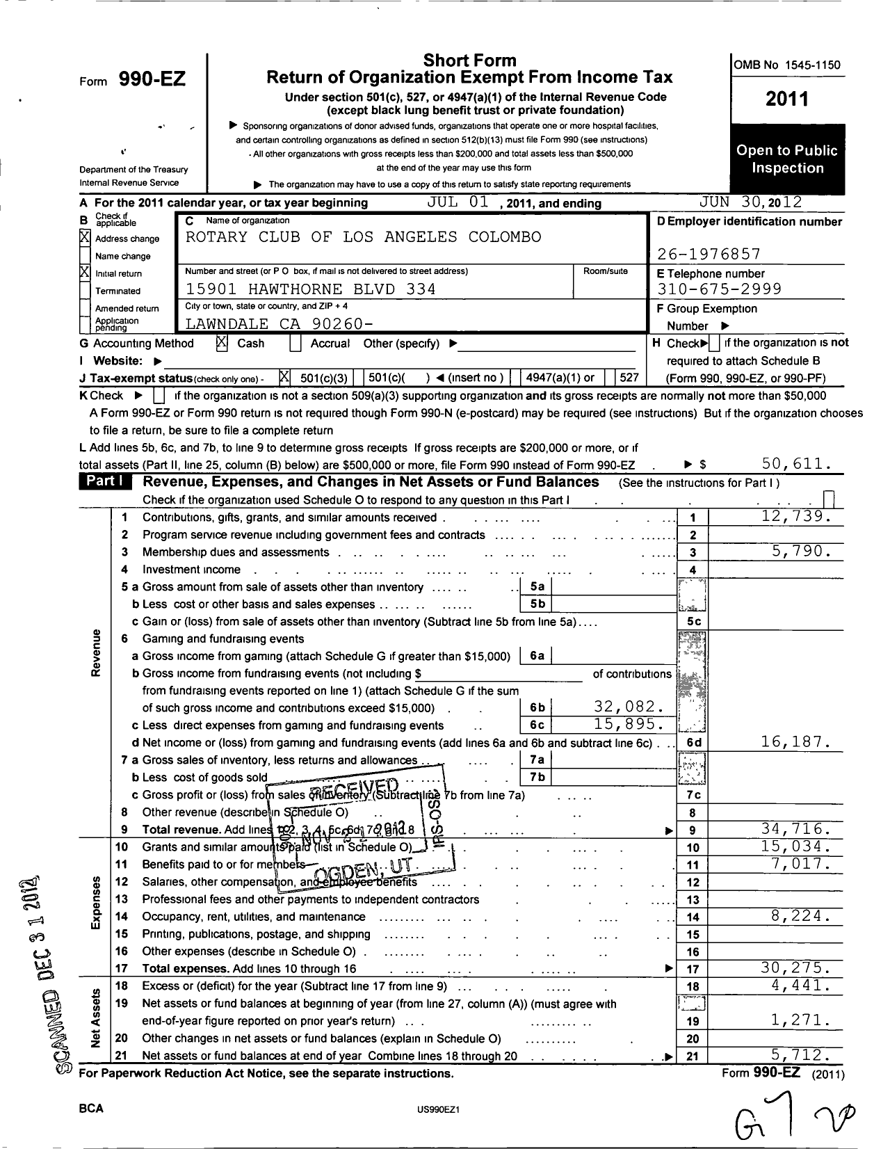 Image of first page of 2011 Form 990EZ for Rotary Club of Los Angeles Colombo Americano