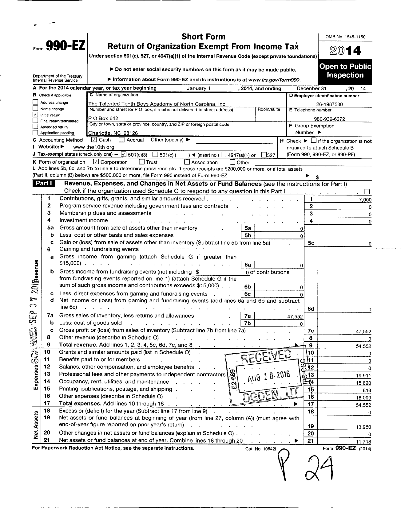 Image of first page of 2014 Form 990EZ for Talented Tenth Boys Academy of North Carolina