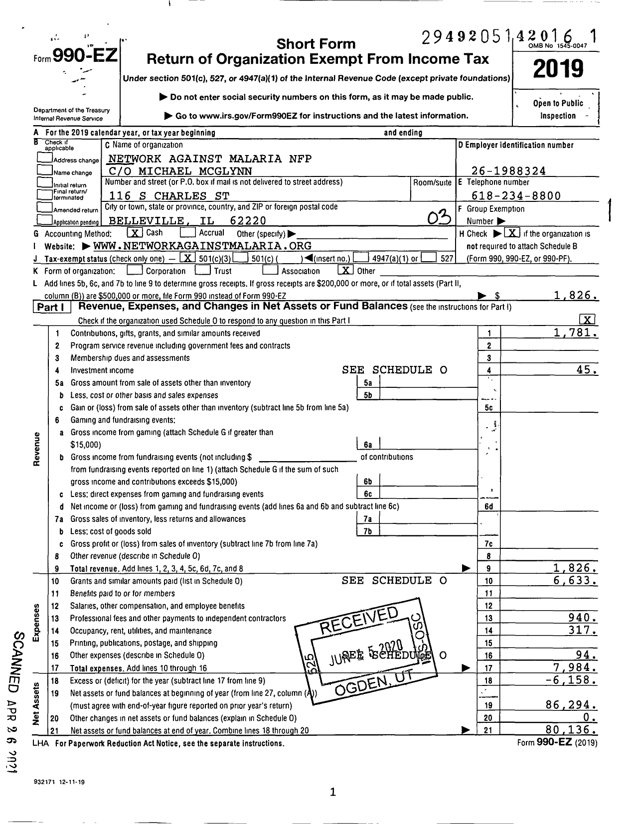 Image of first page of 2019 Form 990EZ for Network Against Malaria NFP