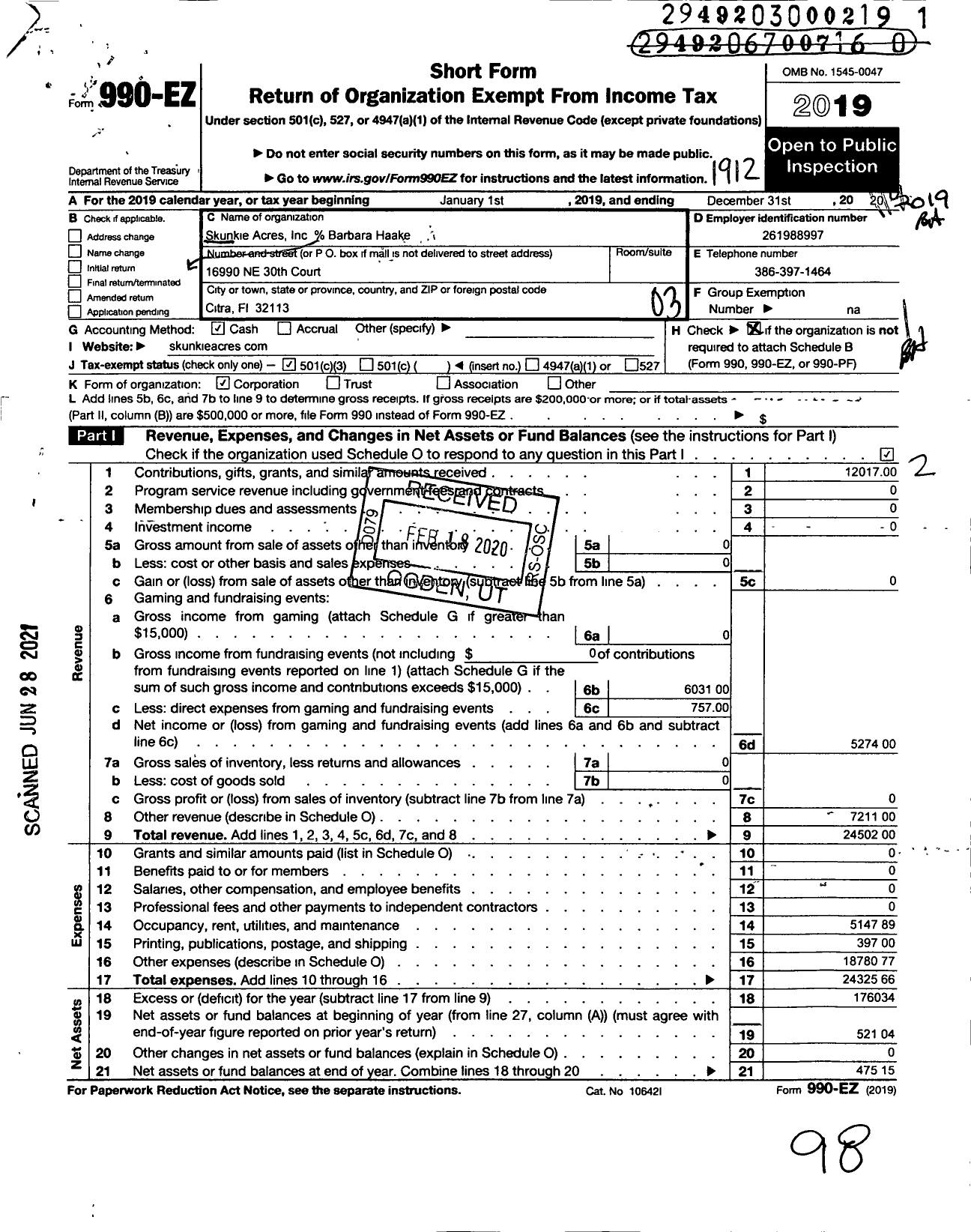 Image of first page of 2019 Form 990EZ for Skunkie Acres