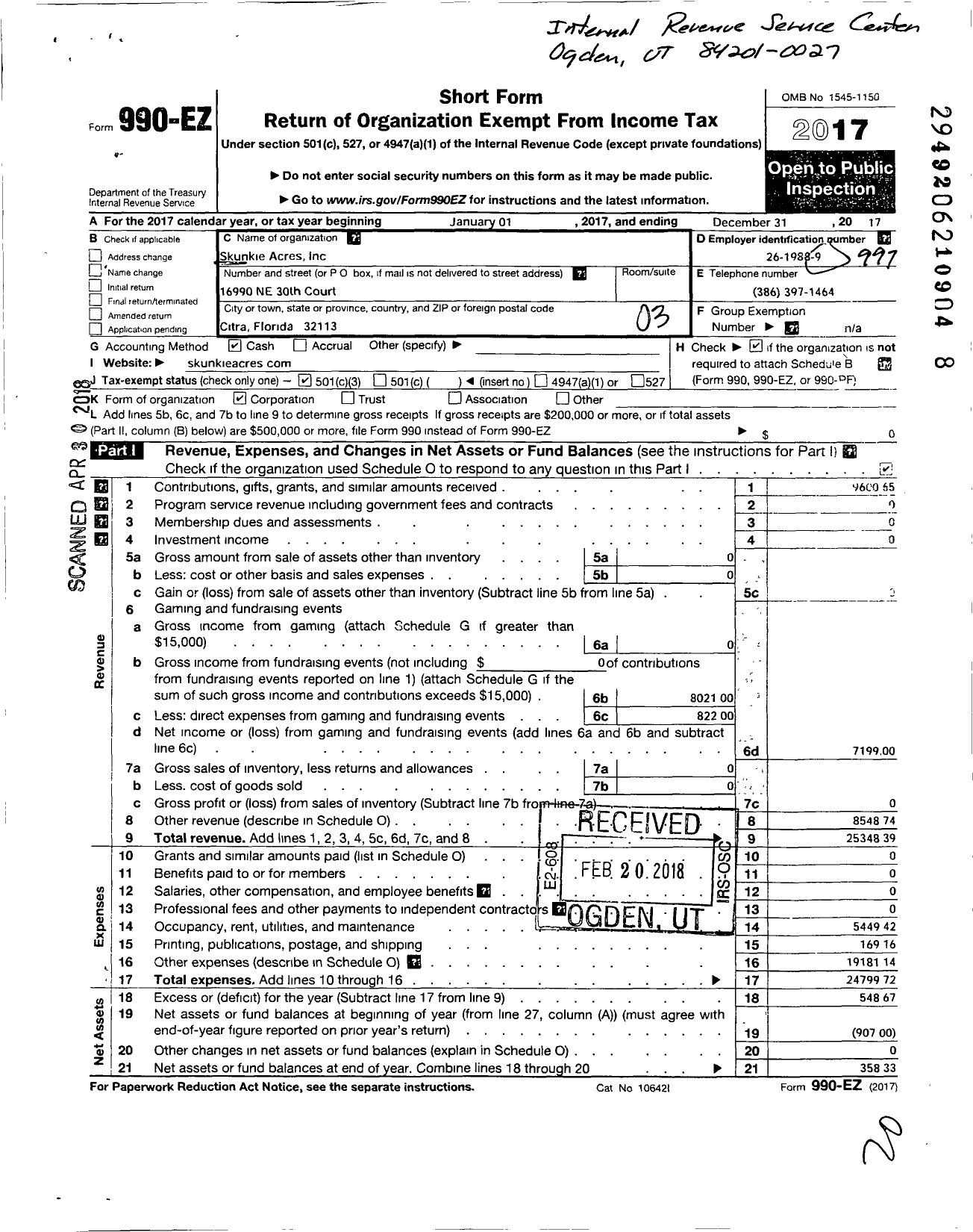 Image of first page of 2017 Form 990EZ for Skunkie Acres