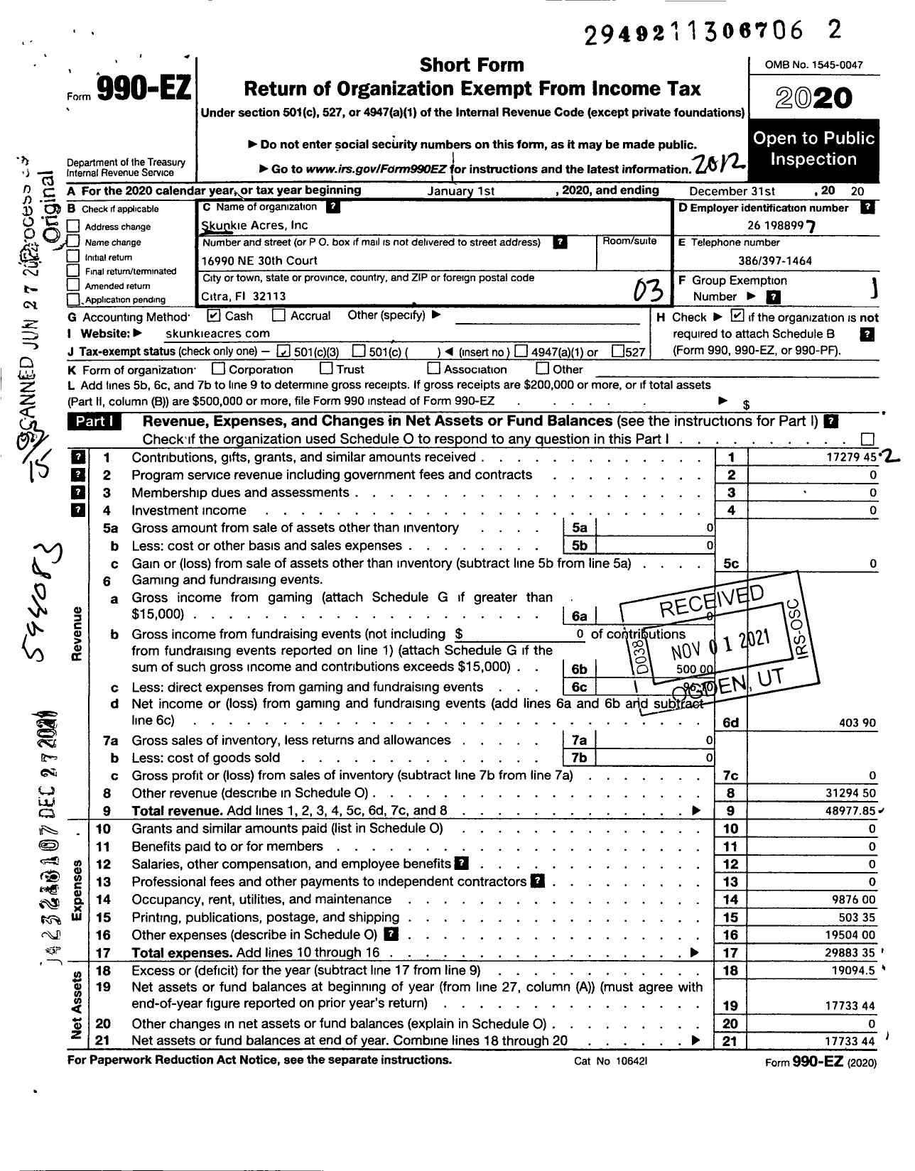 Image of first page of 2020 Form 990EZ for Skunkie Acres