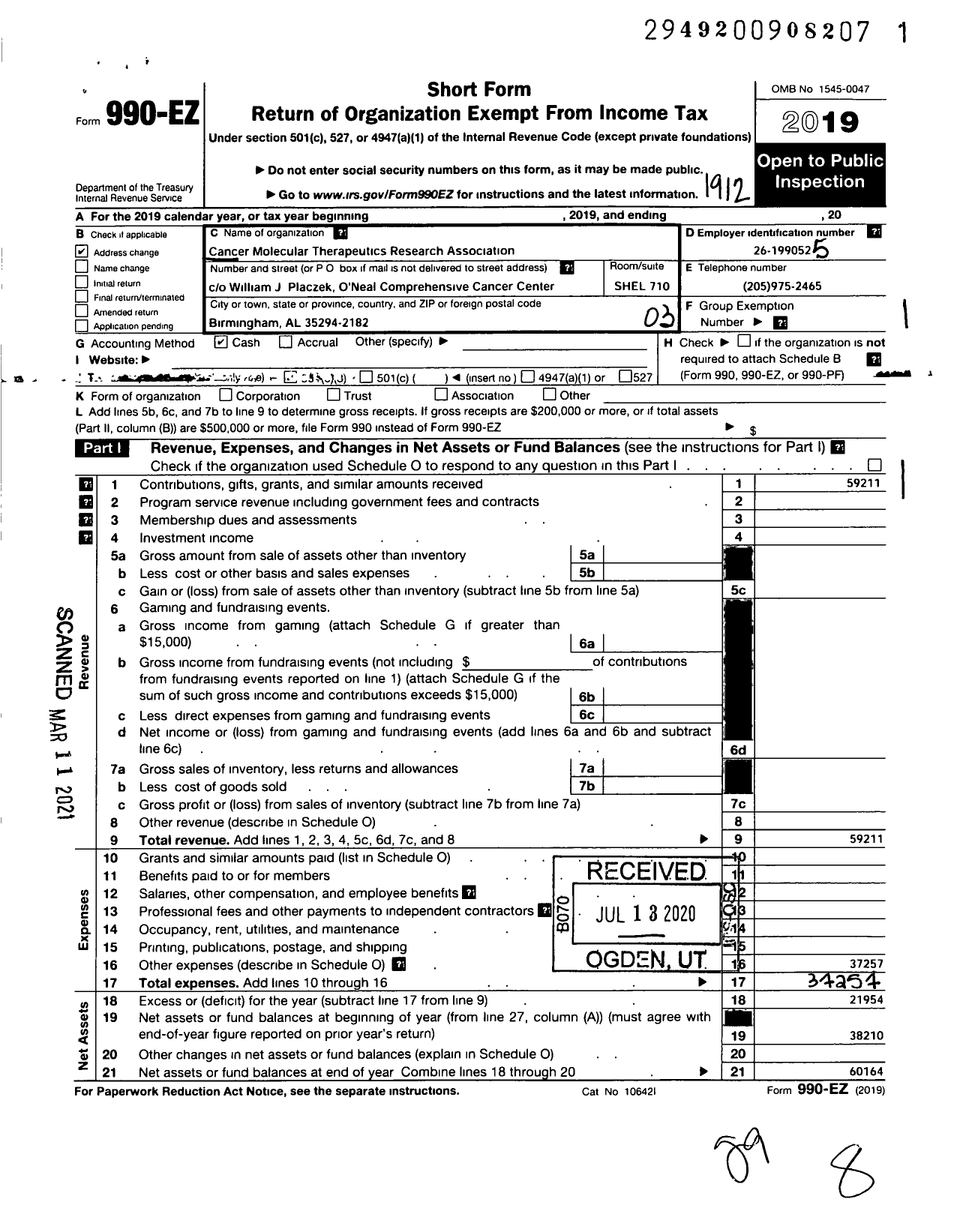 Image of first page of 2019 Form 990EZ for Cancer Molecular Therapeutics Research Association