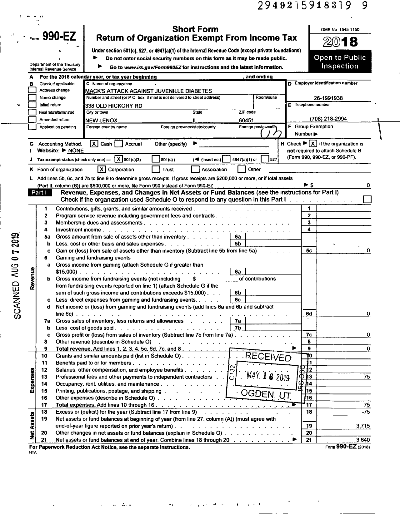 Image of first page of 2018 Form 990EZ for Macks S Attack Against Juvenile Diabetes