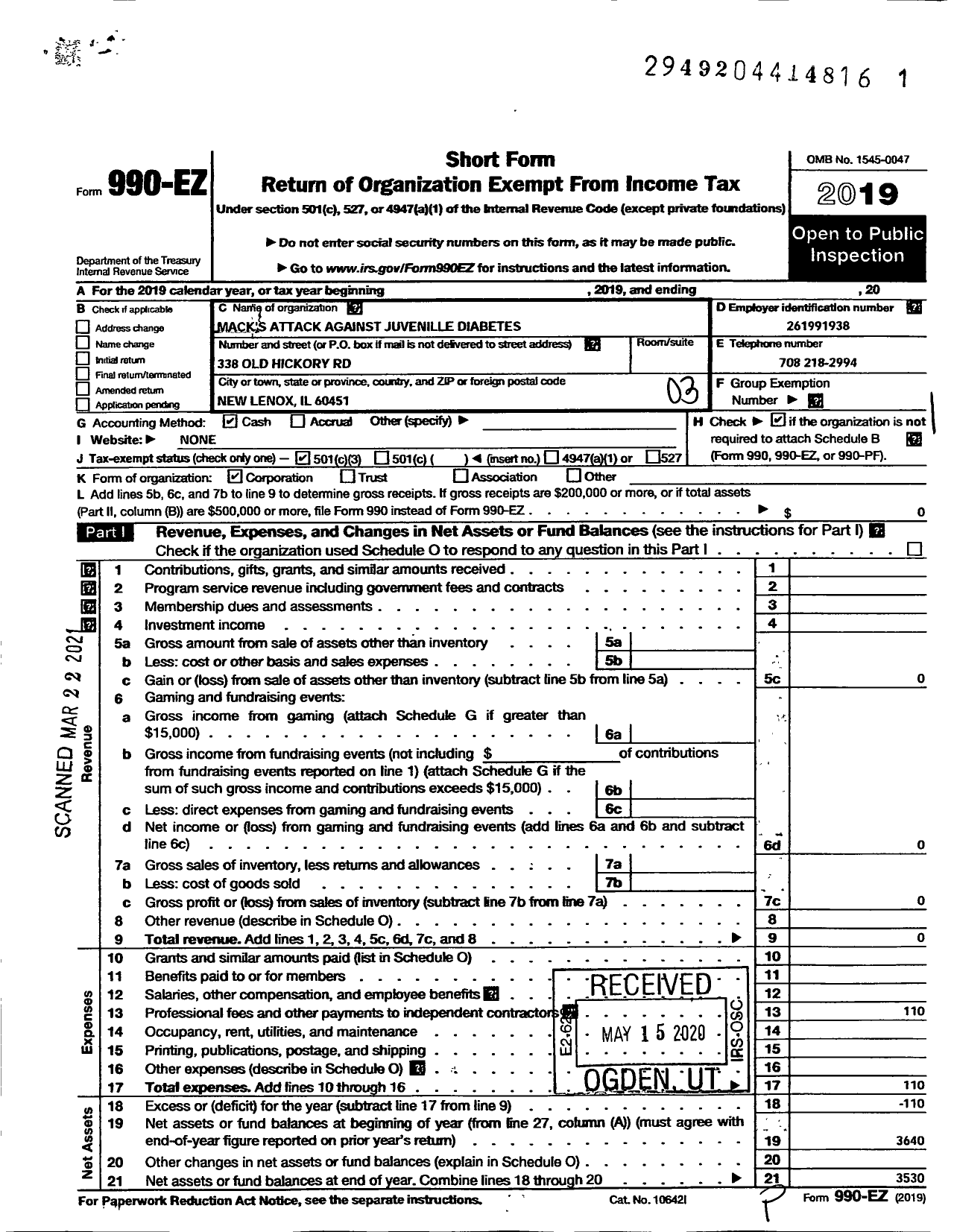 Image of first page of 2019 Form 990EZ for Macks S Attack Against Juvenile Diabetes