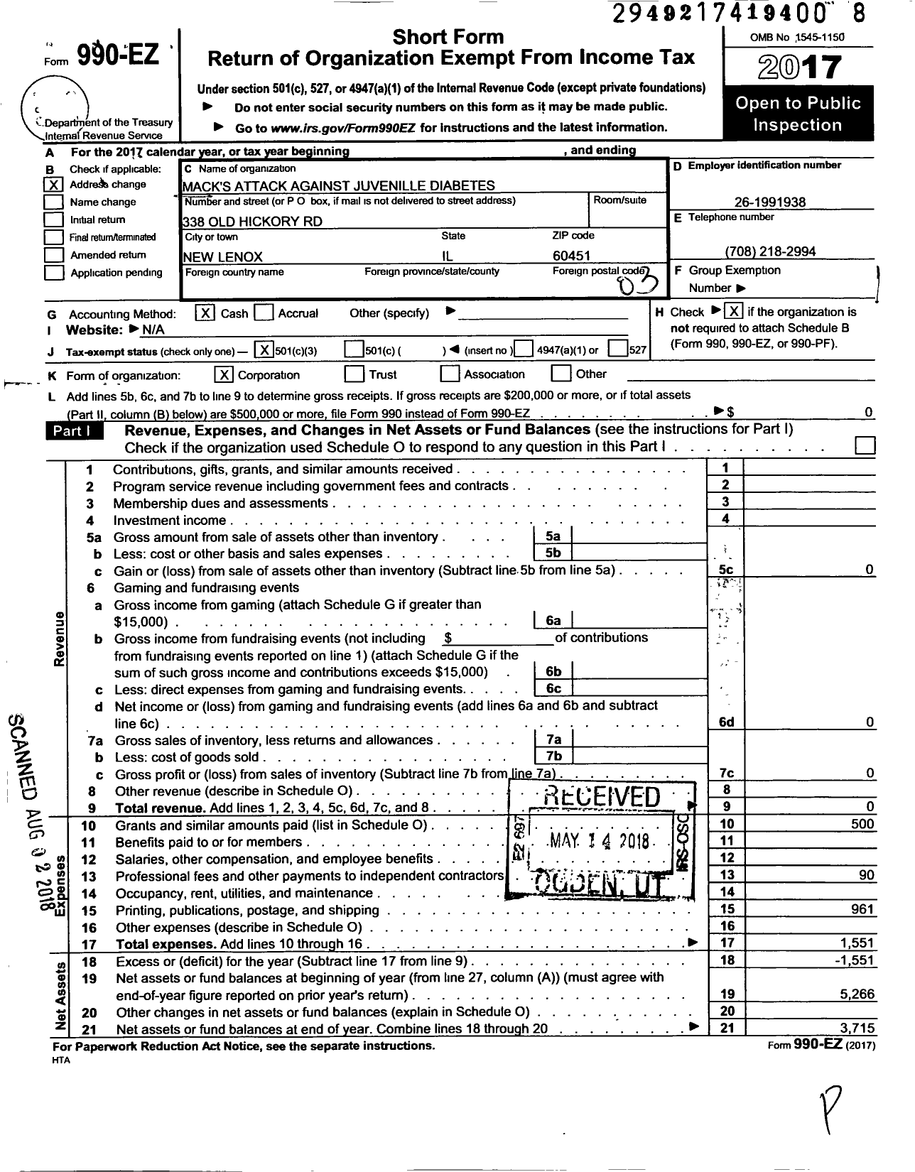 Image of first page of 2017 Form 990EZ for Macks S Attack Against Juvenile Diabetes