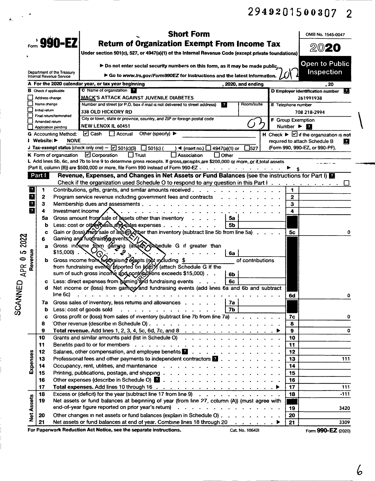 Image of first page of 2020 Form 990EZ for Macks S Attack Against Juvenile Diabetes