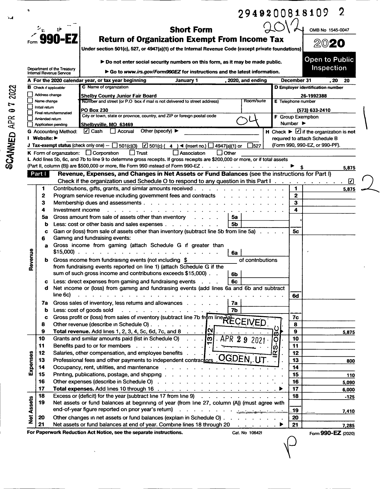 Image of first page of 2020 Form 990EO for Shelby County Junior Fair Board