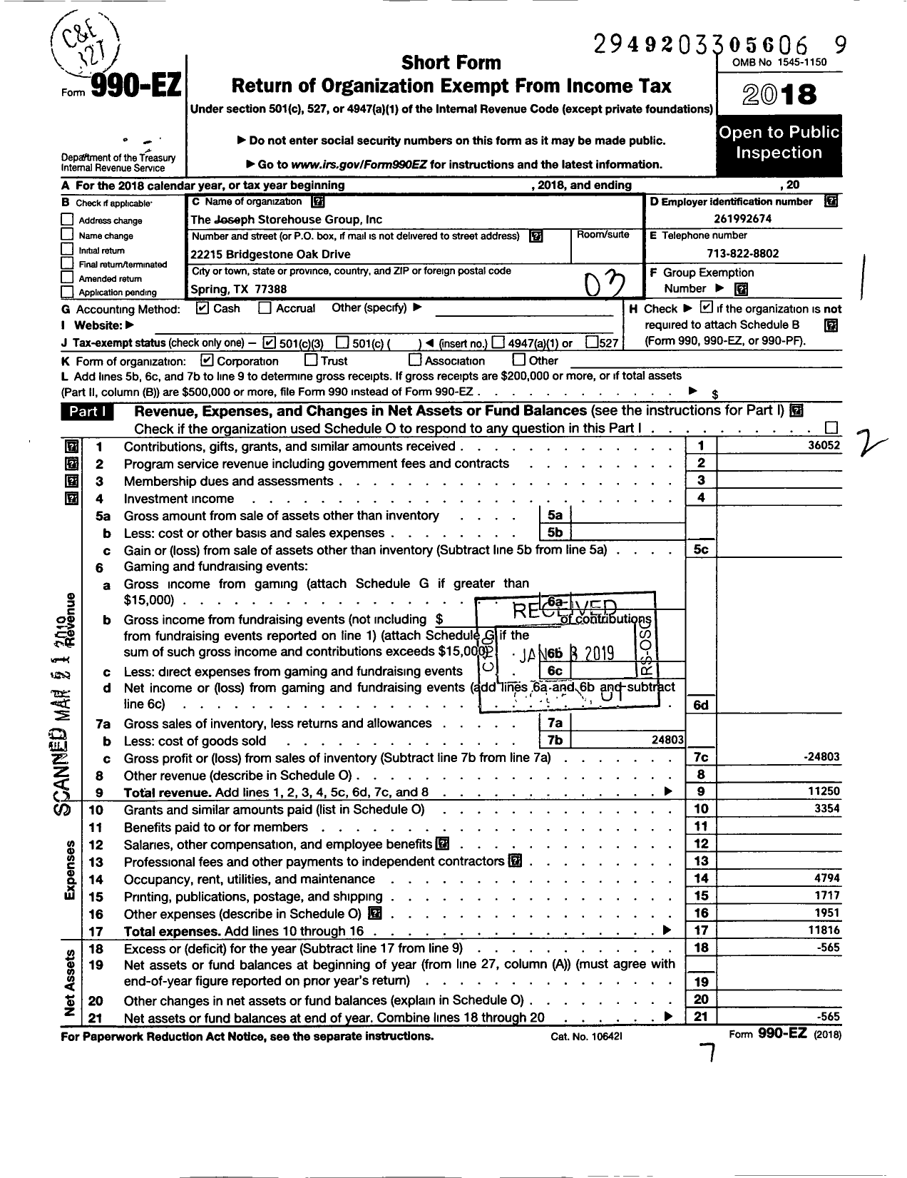 Image of first page of 2018 Form 990EZ for Joseph Storehouse Group