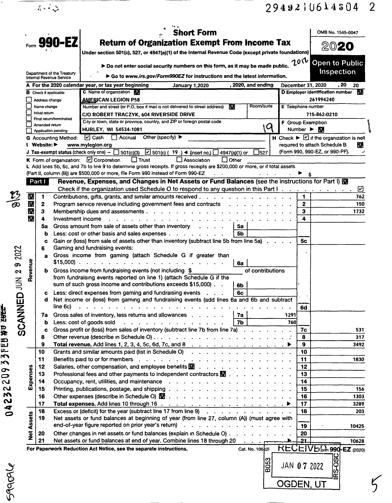 Image of first page of 2020 Form 990EO for American Legion P58