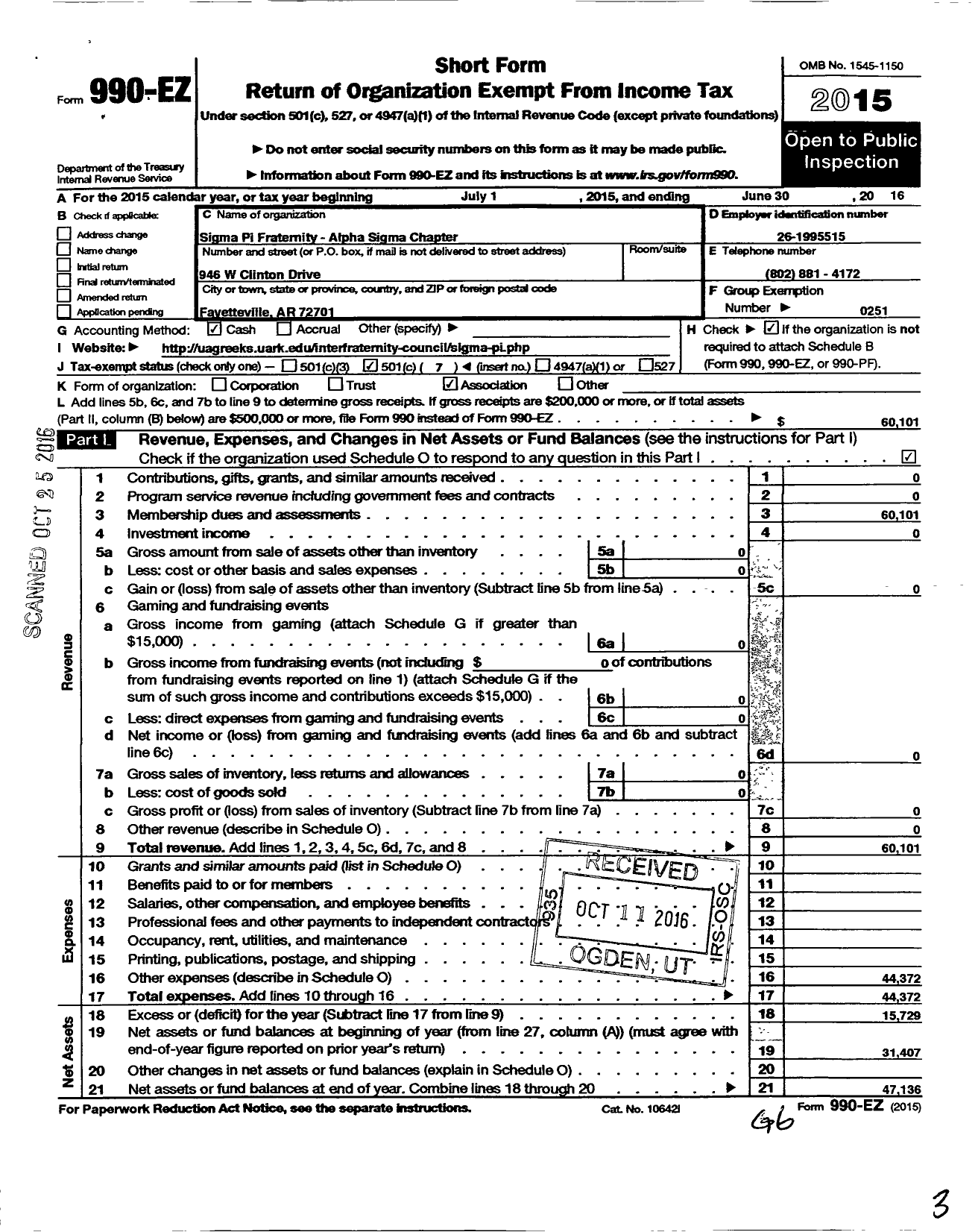 Image of first page of 2015 Form 990EO for Sigma Pi Fraternity Alpha Sigma Chapter