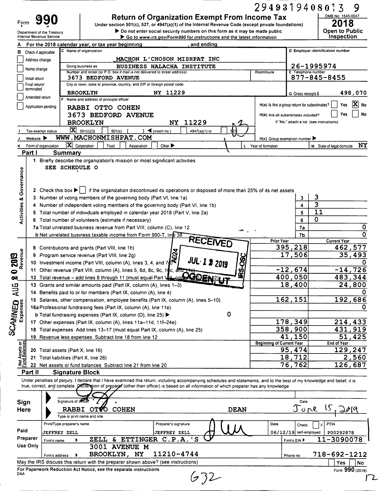 Image of first page of 2018 Form 990 for Business Halacha Institute