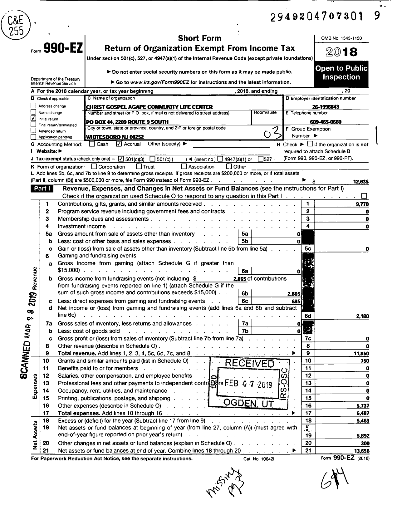 Image of first page of 2018 Form 990EZ for Christ Gospel Agape Community Life Center