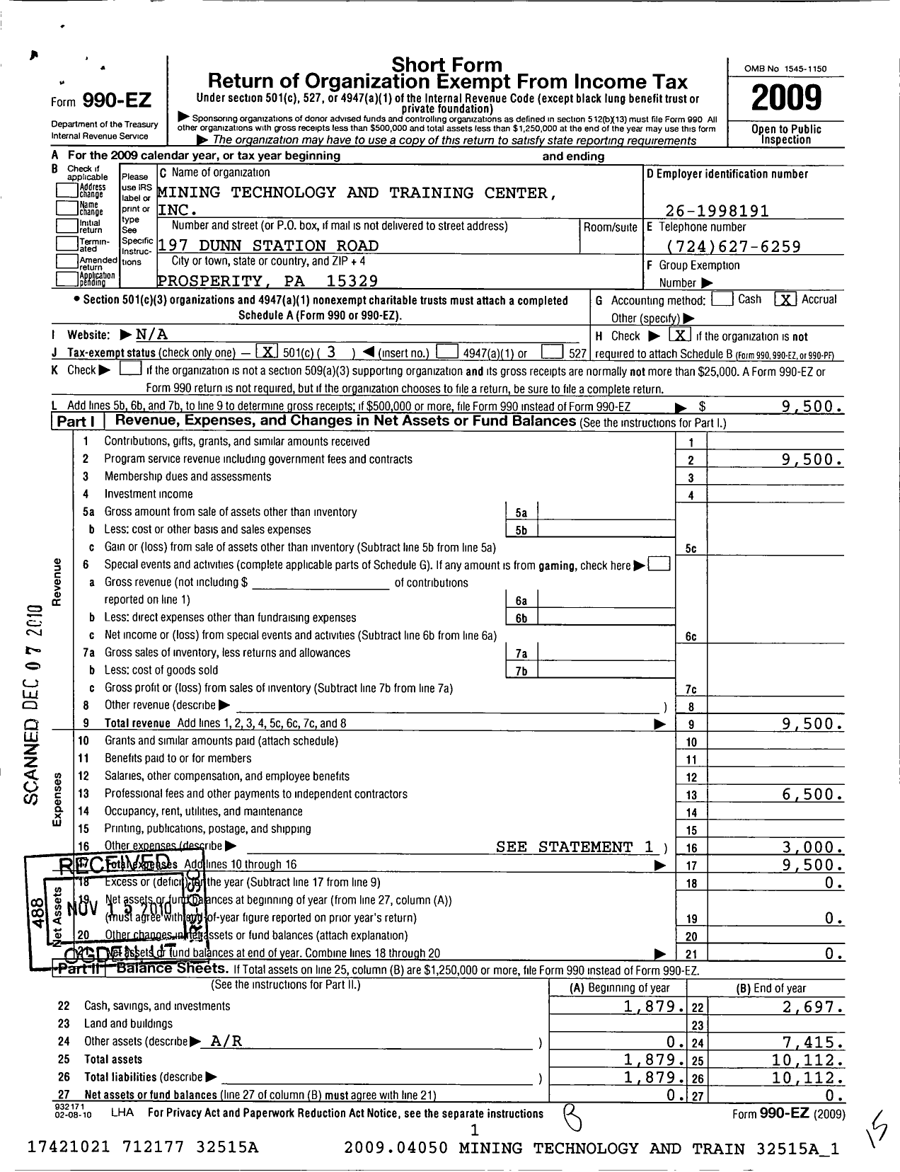 Image of first page of 2009 Form 990EZ for Mining Technology and Training Center