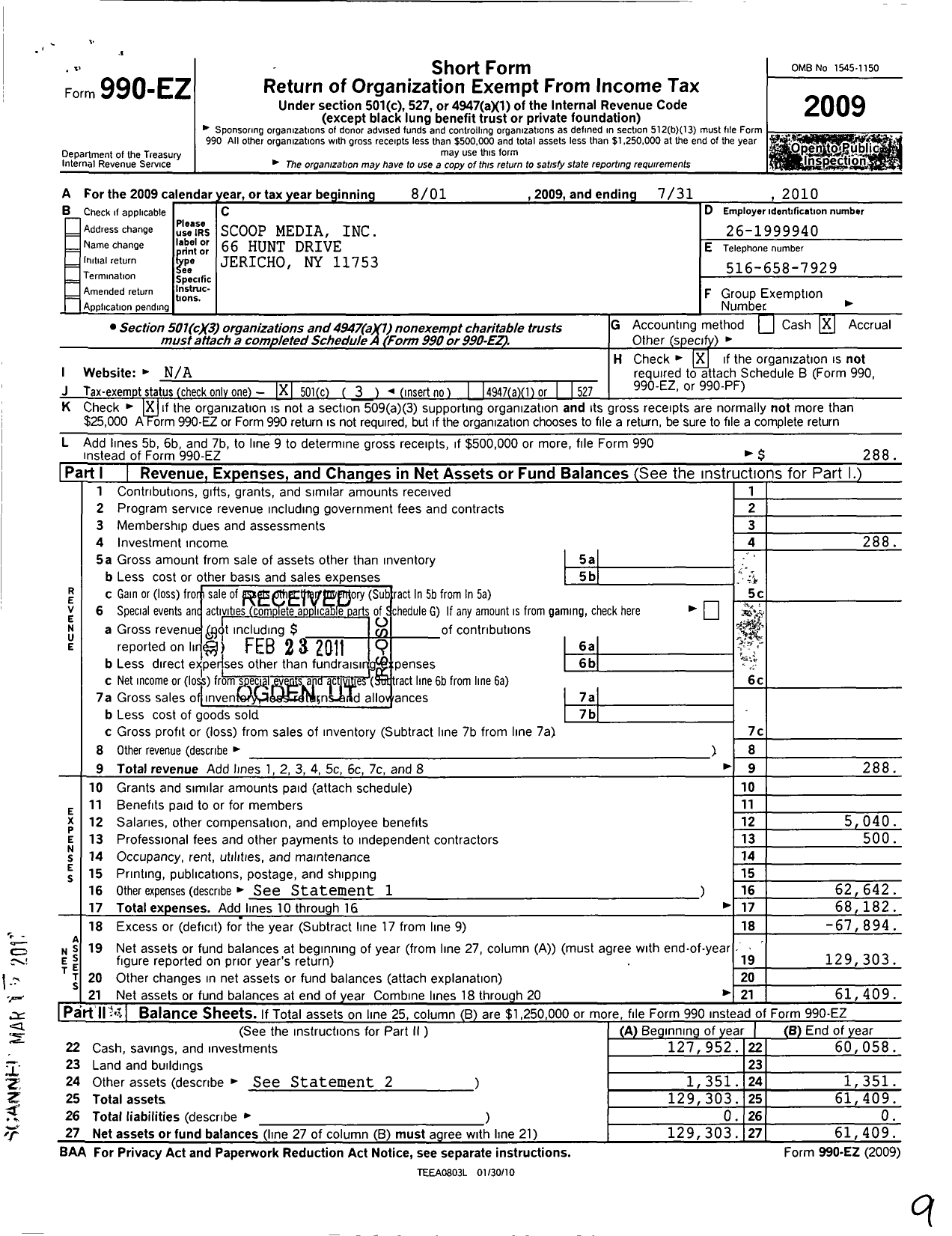 Image of first page of 2009 Form 990EZ for Scoop Media