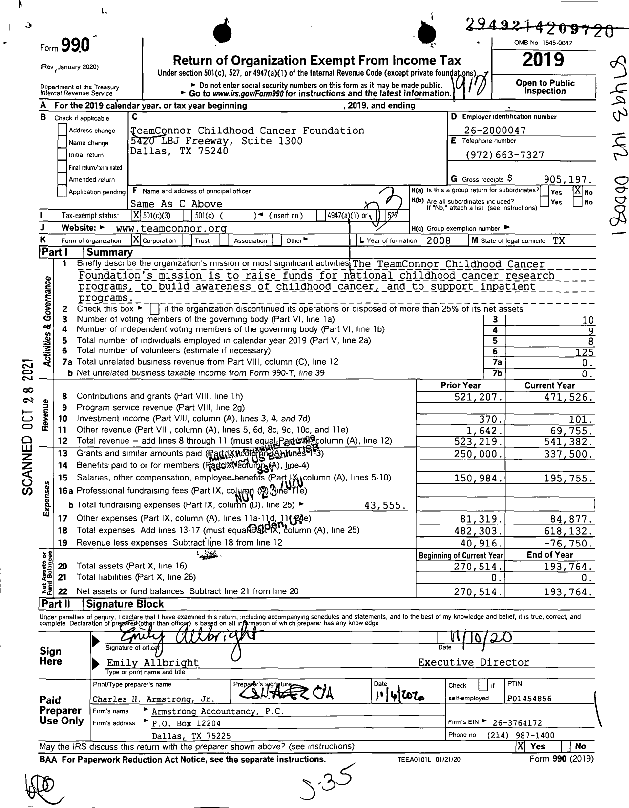 Image of first page of 2019 Form 990 for Teamconnor Childhood Cancer Foundation