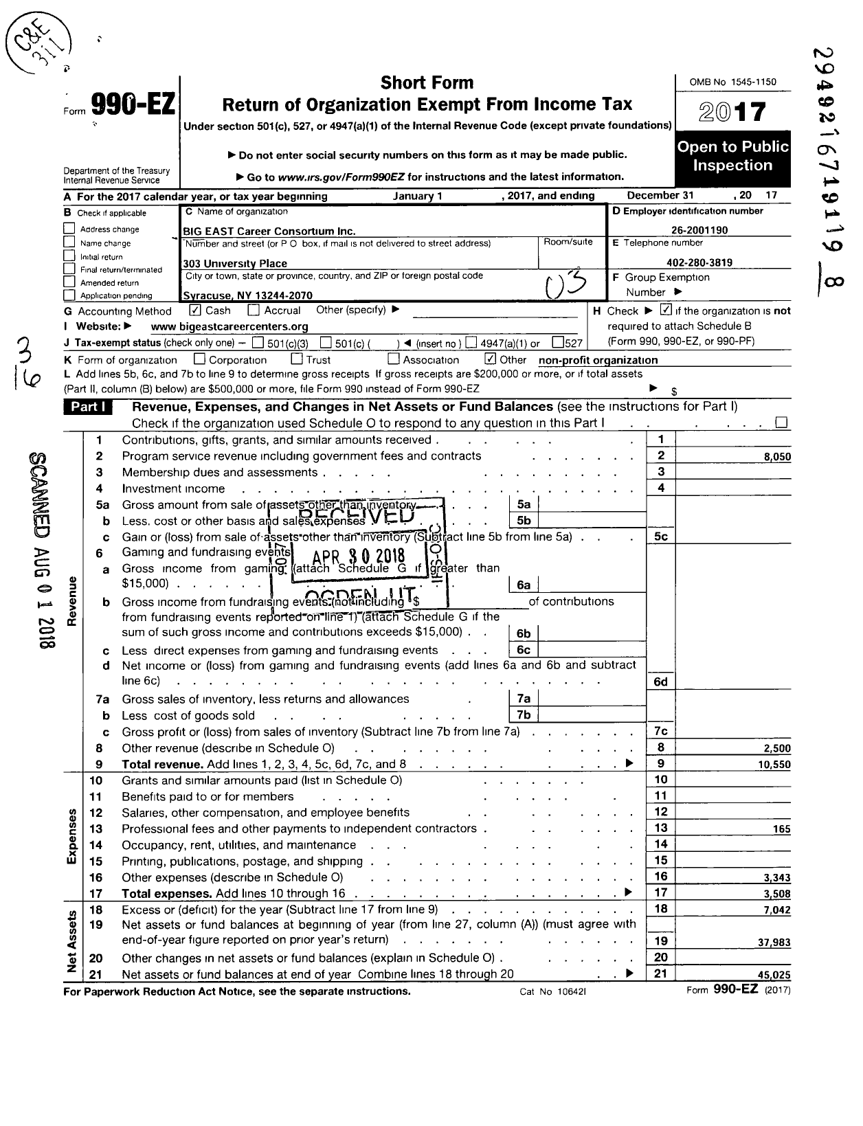 Image of first page of 2017 Form 990EZ for Big East Career Consortium