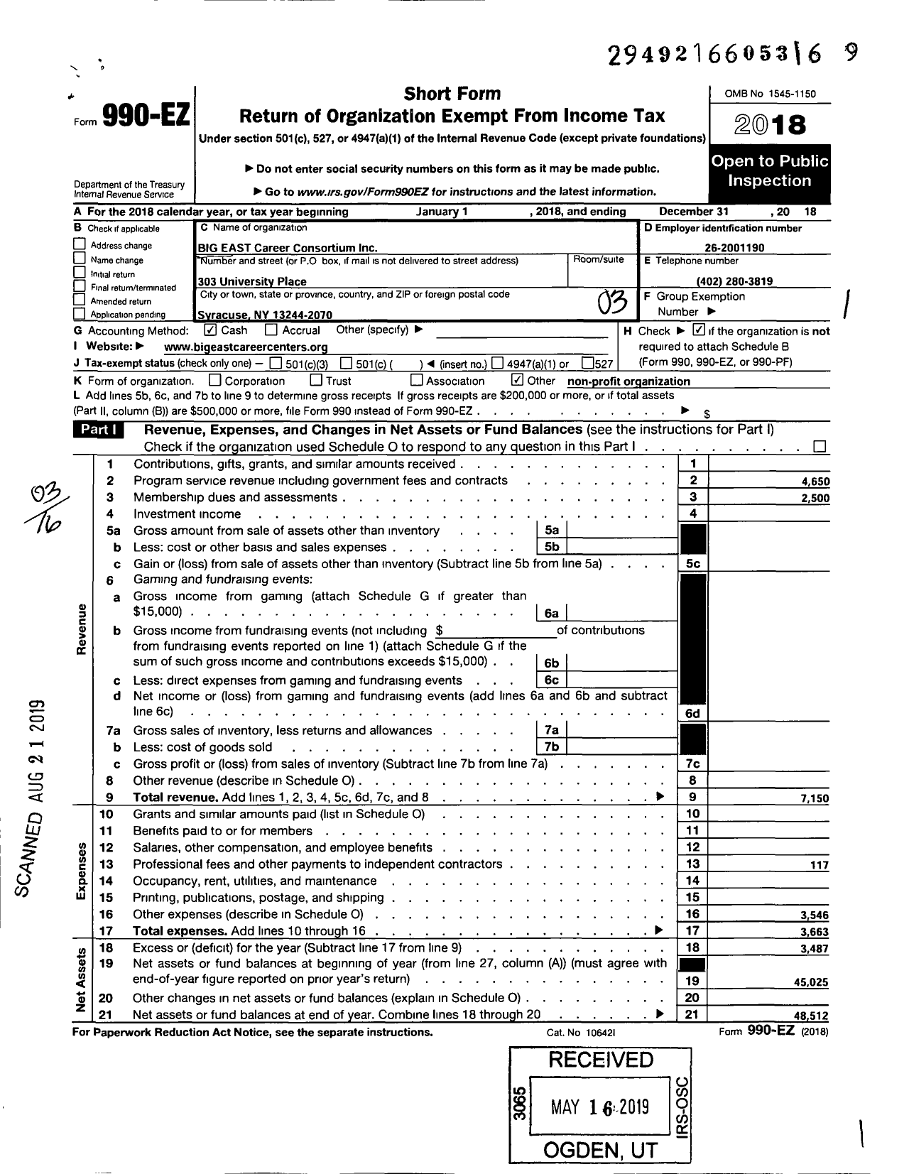 Image of first page of 2018 Form 990EZ for Big East Career Consortium