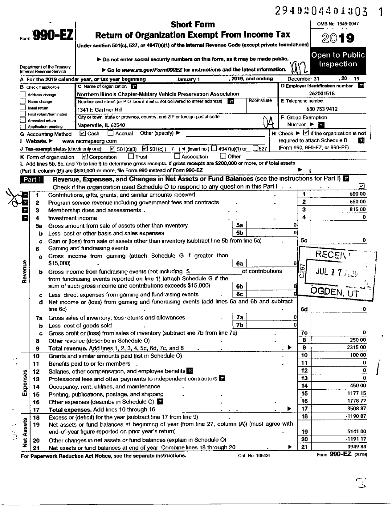 Image of first page of 2019 Form 990EO for Northern Illinois Chapter - Mvpa