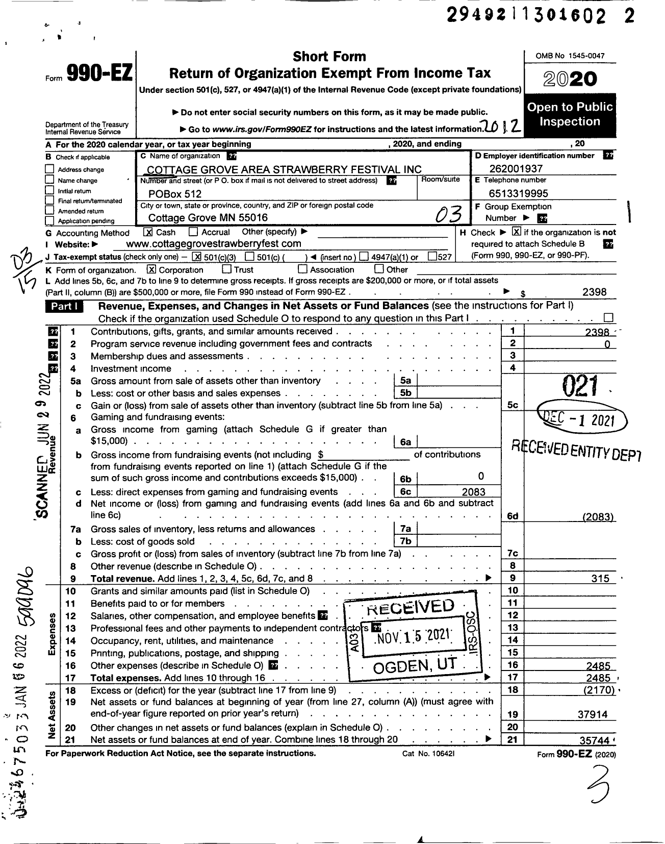 Image of first page of 2020 Form 990EZ for Cottage Grove Area Strawberry Festival