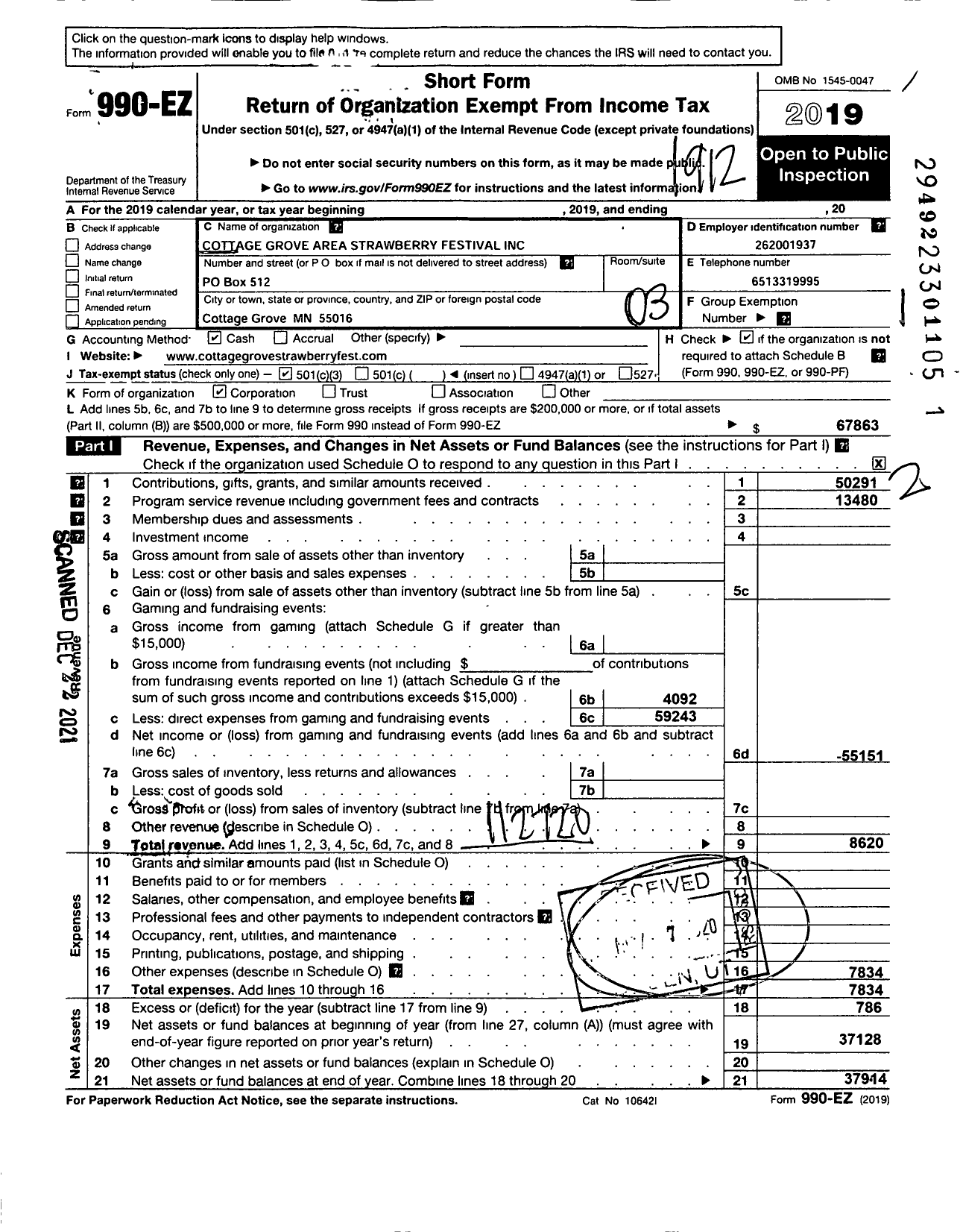 Image of first page of 2019 Form 990EZ for Cottage Grove Area Strawberry Festival