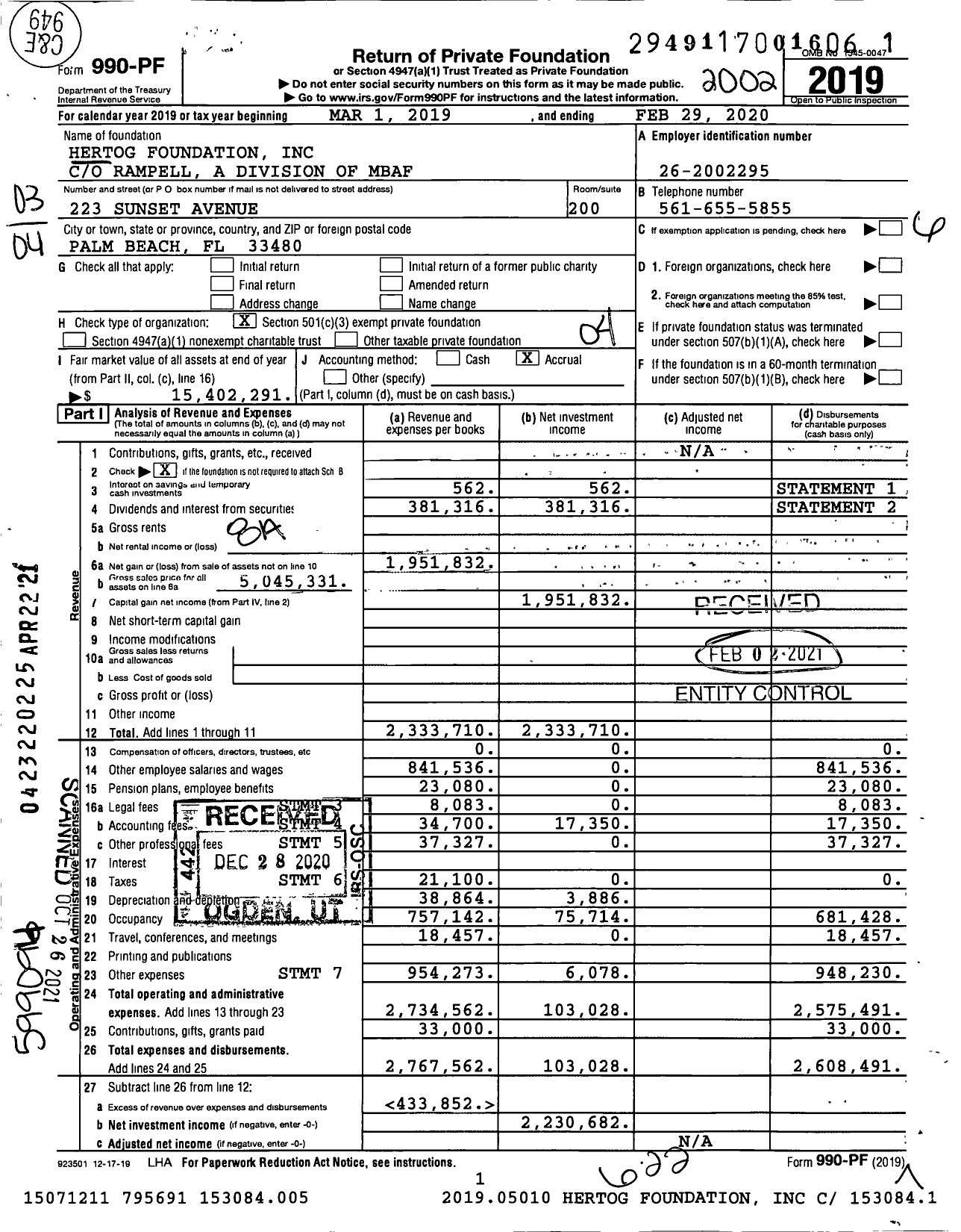 Image of first page of 2019 Form 990PF for Hertog Foundation