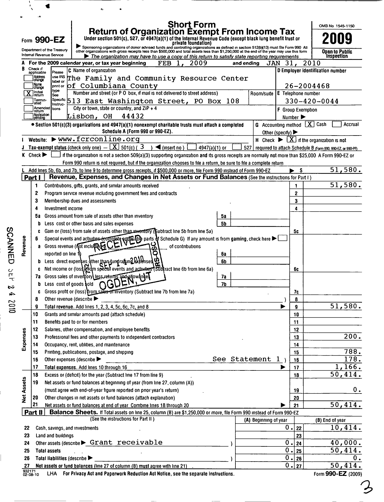 Image of first page of 2009 Form 990EZ for Family and Community Resource Center of Columbiana County
