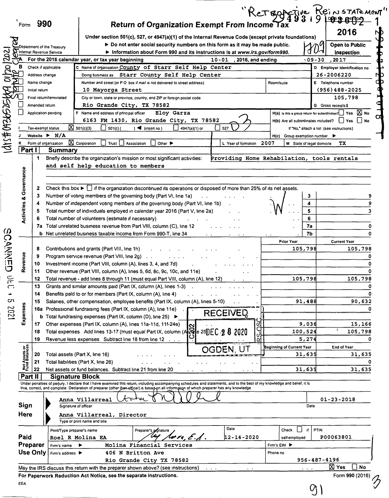 Image of first page of 2016 Form 990 for Starr County Self Help Center