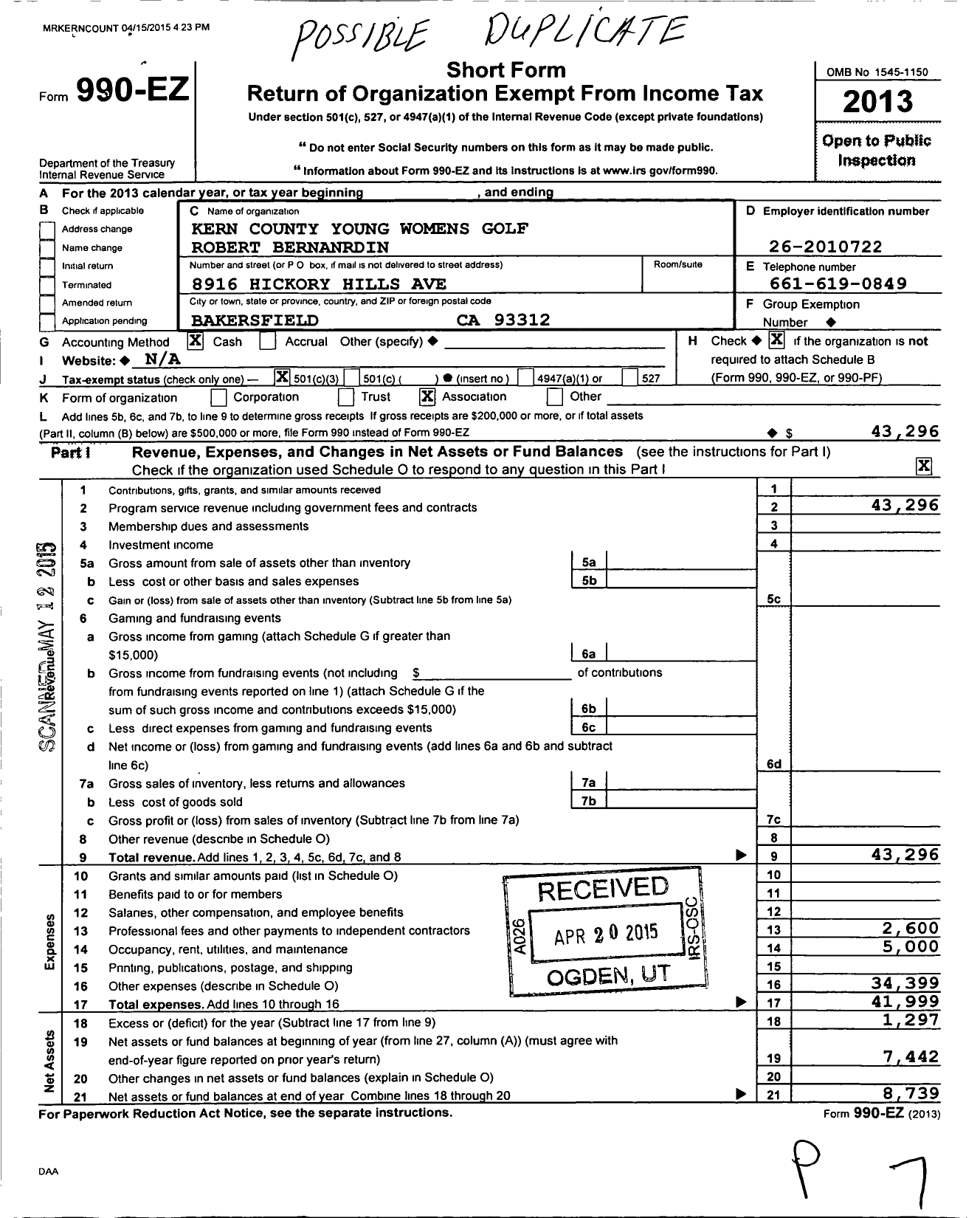 Image of first page of 2013 Form 990EZ for Kern County Young Womens Golf Robert Bernanrdin