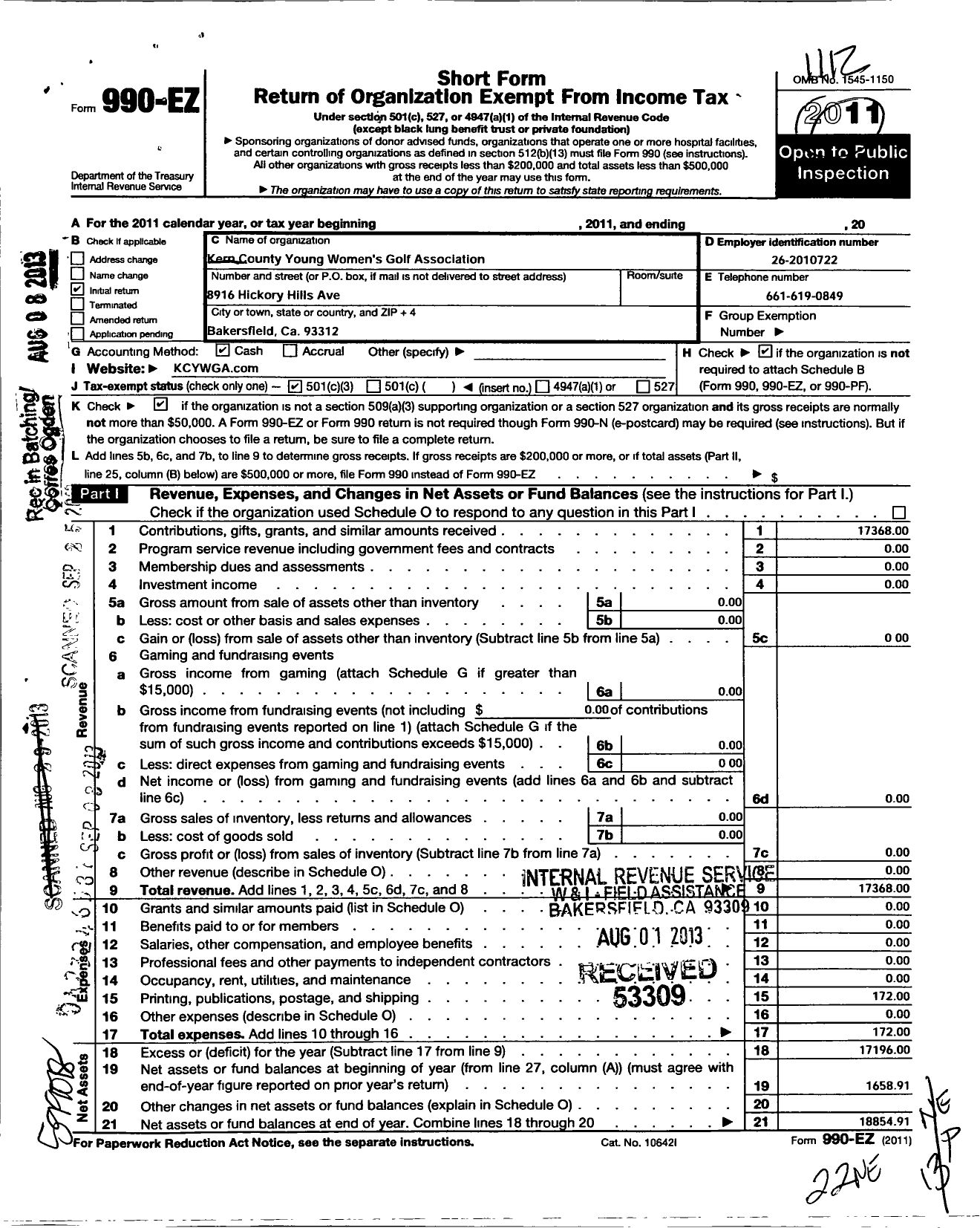 Image of first page of 2011 Form 990EZ for Kern County Young Womens Golf Robert Bernanrdin