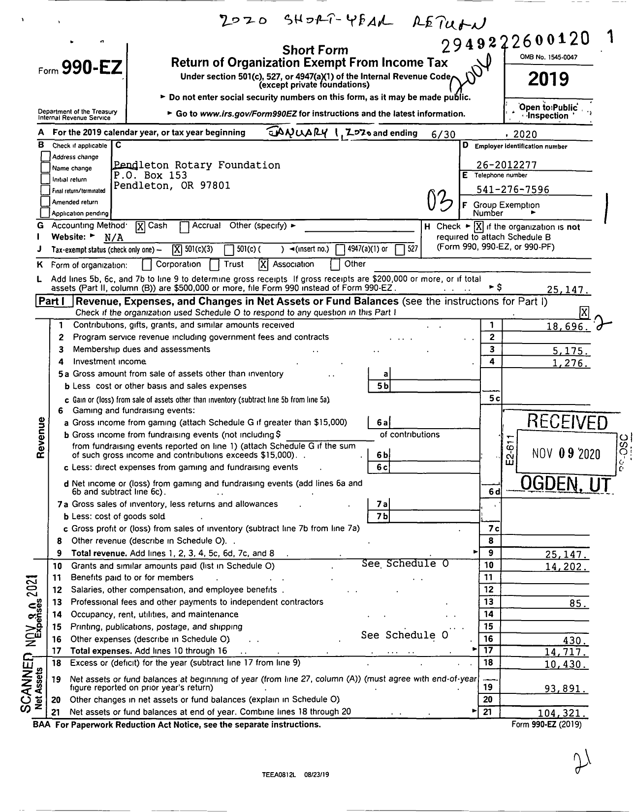 Image of first page of 2019 Form 990EZ for Pendleton Rotary Foundation