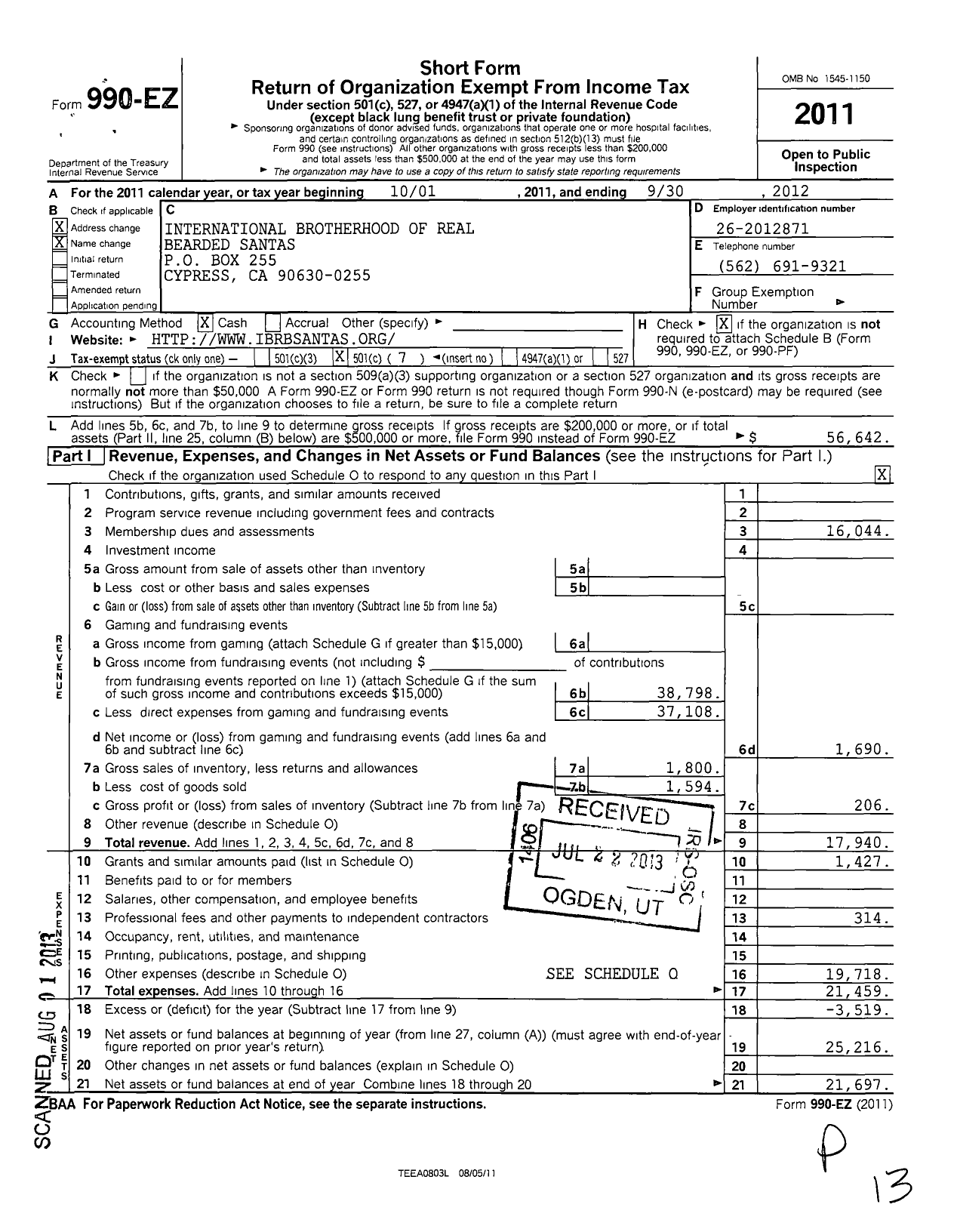 Image of first page of 2011 Form 990EO for International Brotherhood of Real Bearded Santas (IBRBS)