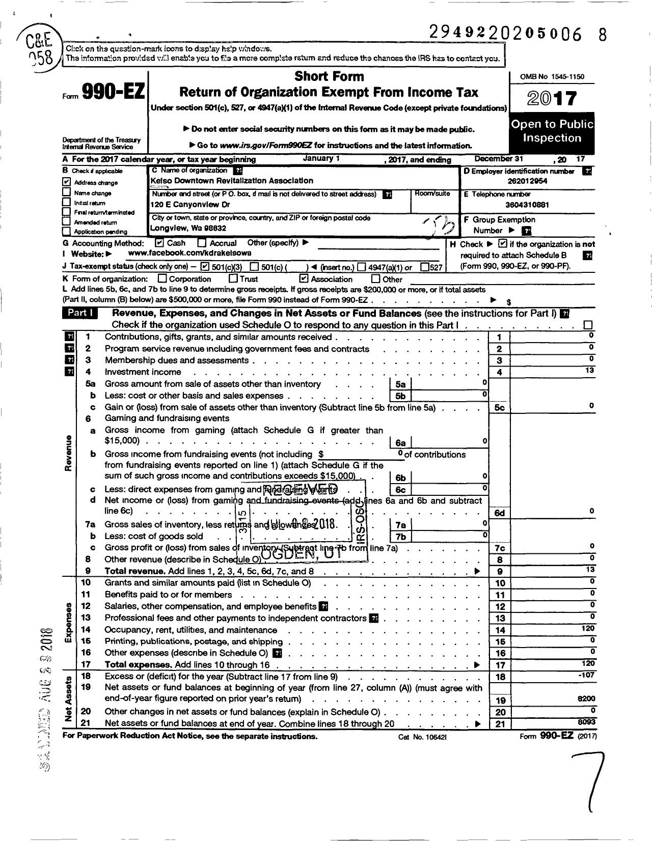 Image of first page of 2017 Form 990EZ for Keiso Downtown Revitalization Association