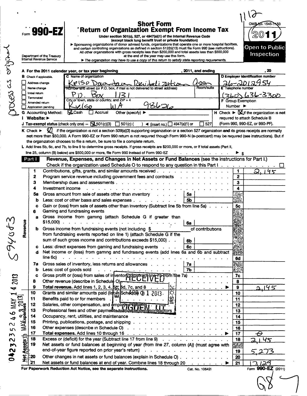 Image of first page of 2011 Form 990EZ for Keiso Downtown Revitalization Association