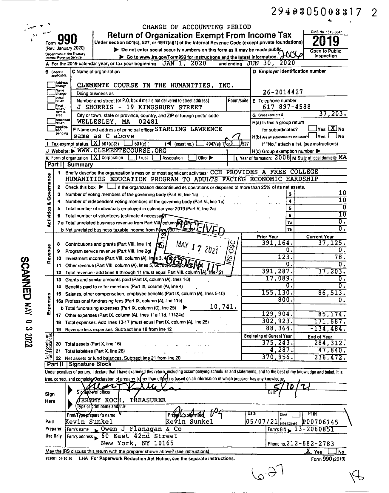 Image of first page of 2019 Form 990 for Clemente Course in the Humanities