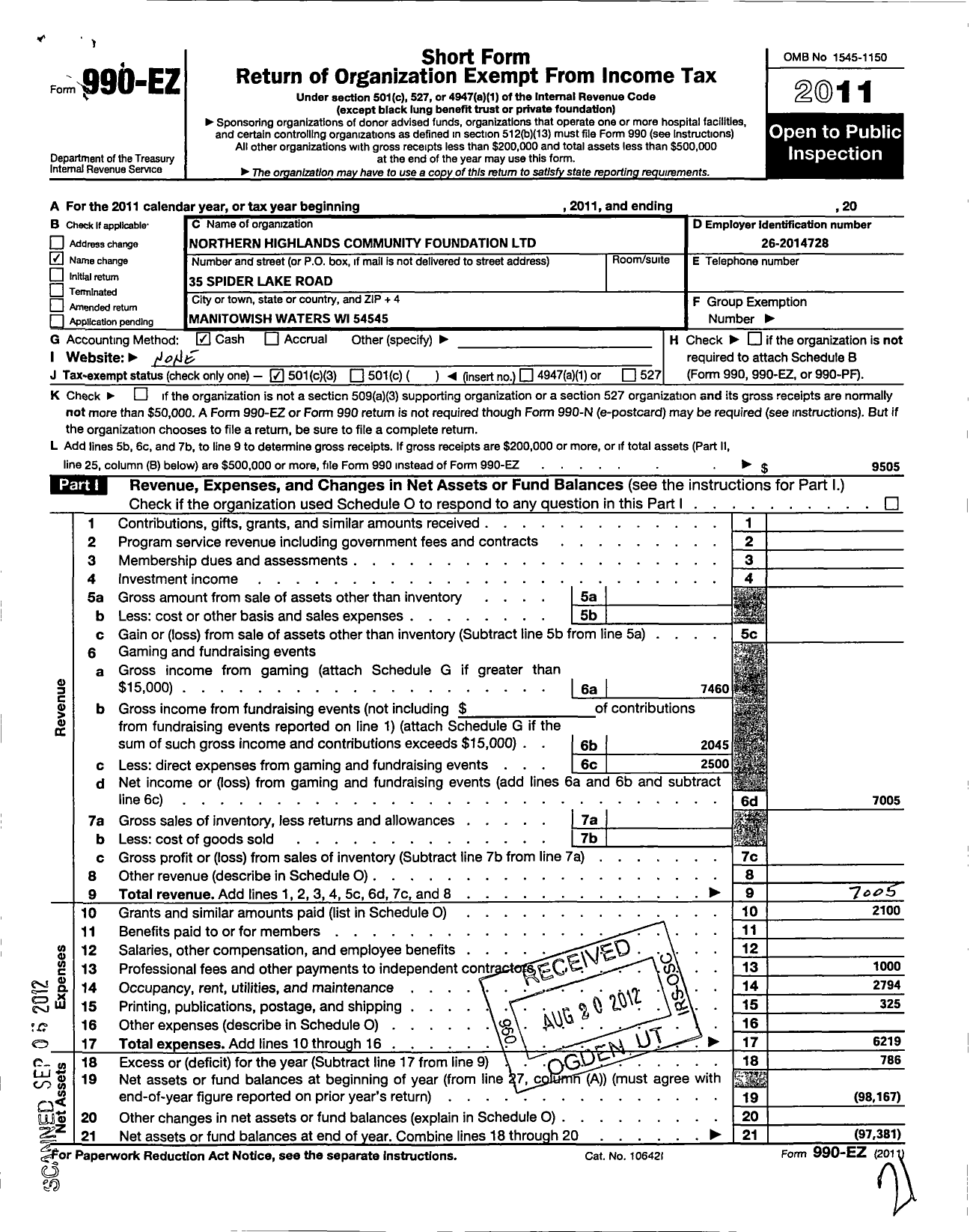 Image of first page of 2011 Form 990EZ for Manitowish Waters Alliance Foundation