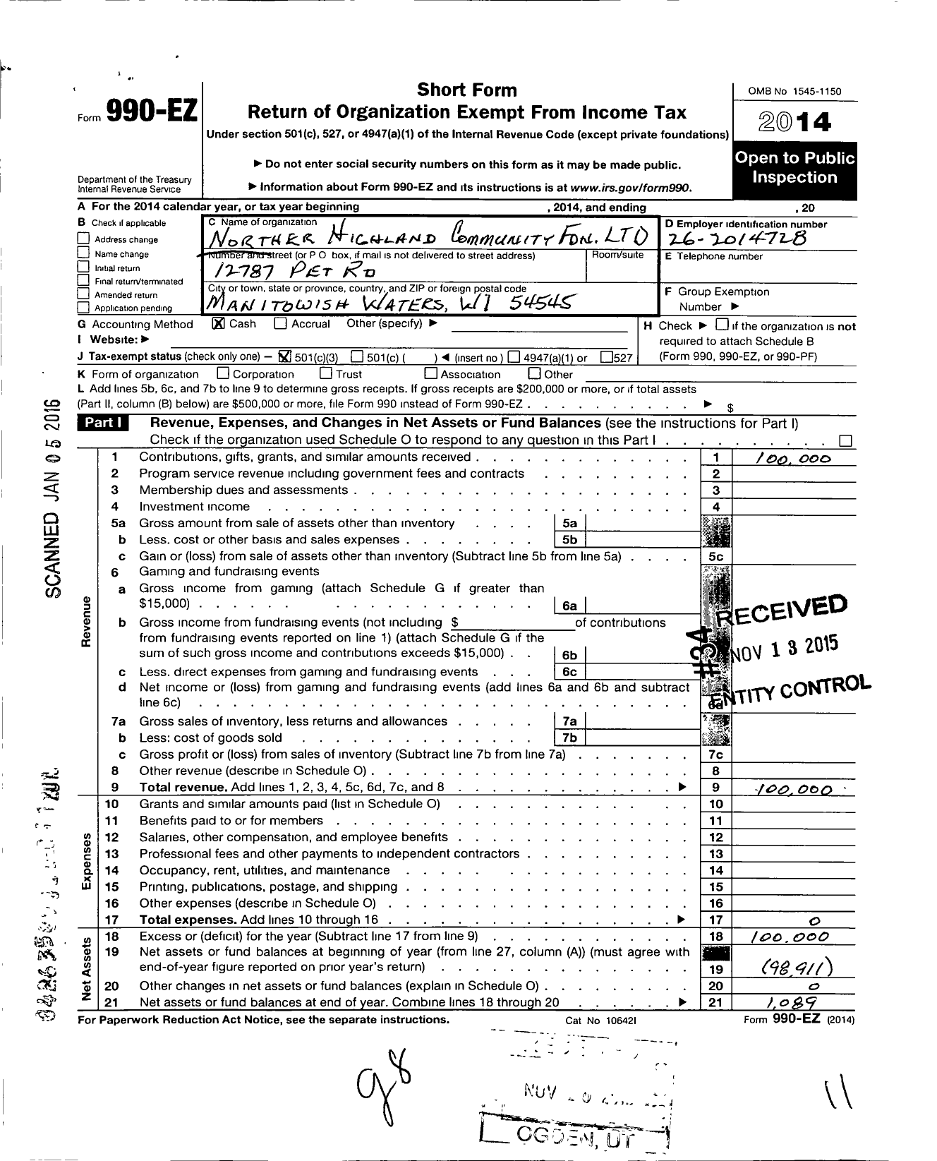 Image of first page of 2014 Form 990EZ for Manitowish Waters Alliance Foundation