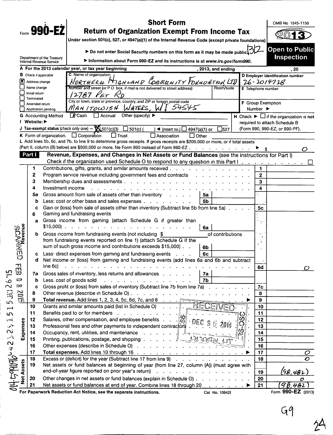 Image of first page of 2013 Form 990EZ for Manitowish Waters Alliance Foundation