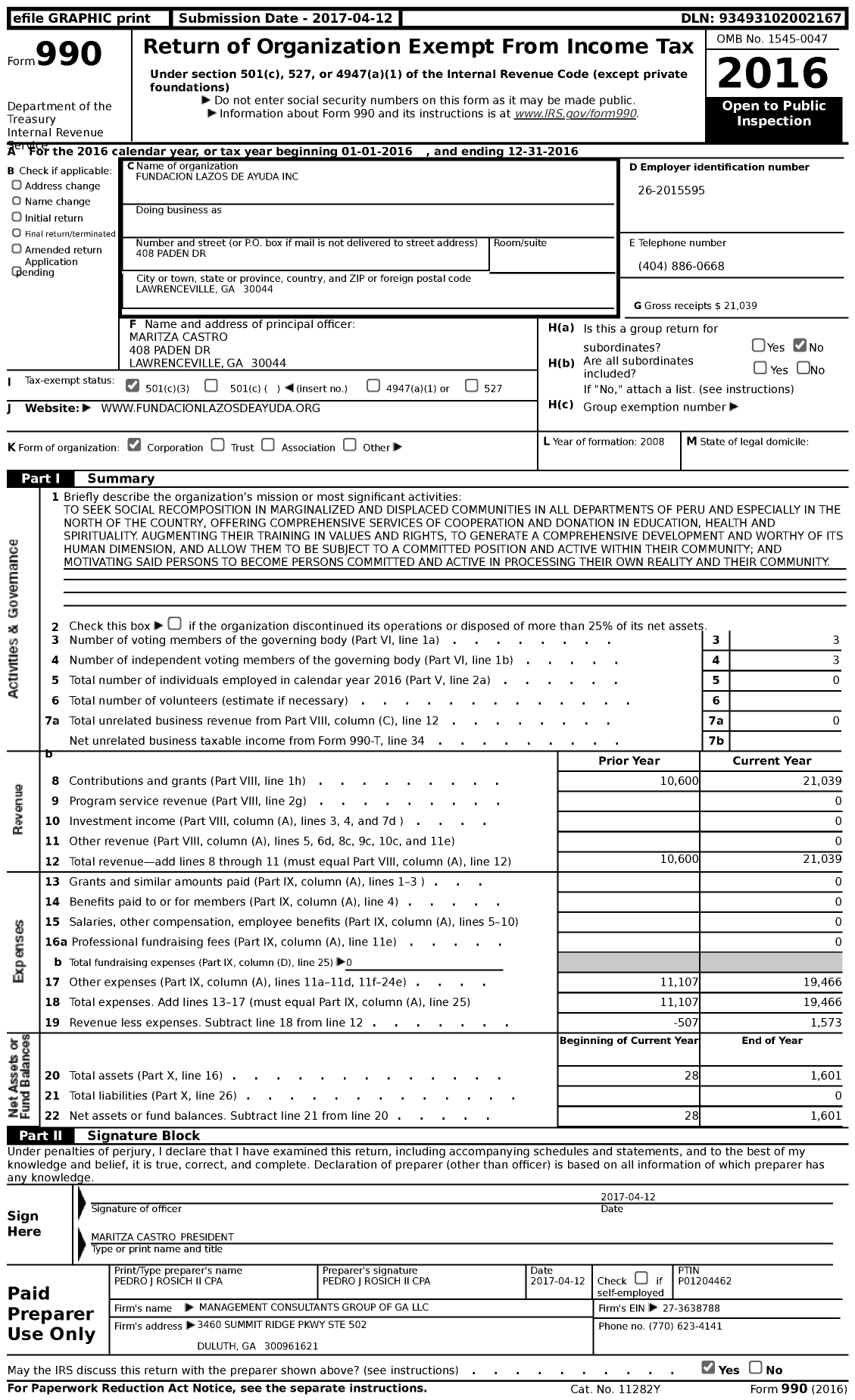 Image of first page of 2016 Form 990 for Fundacion Lazos de Ayuda