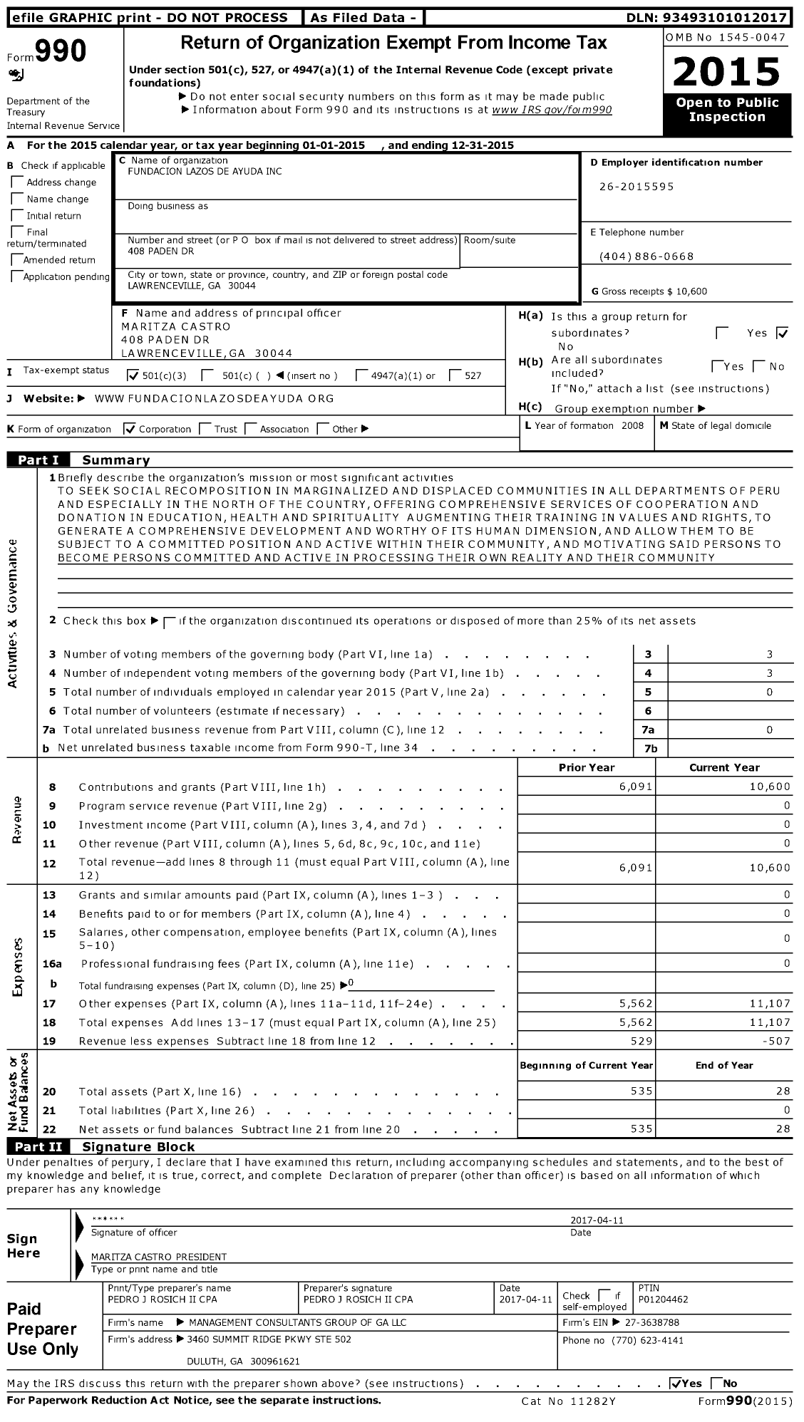 Image of first page of 2015 Form 990 for Fundacion Lazos de Ayuda