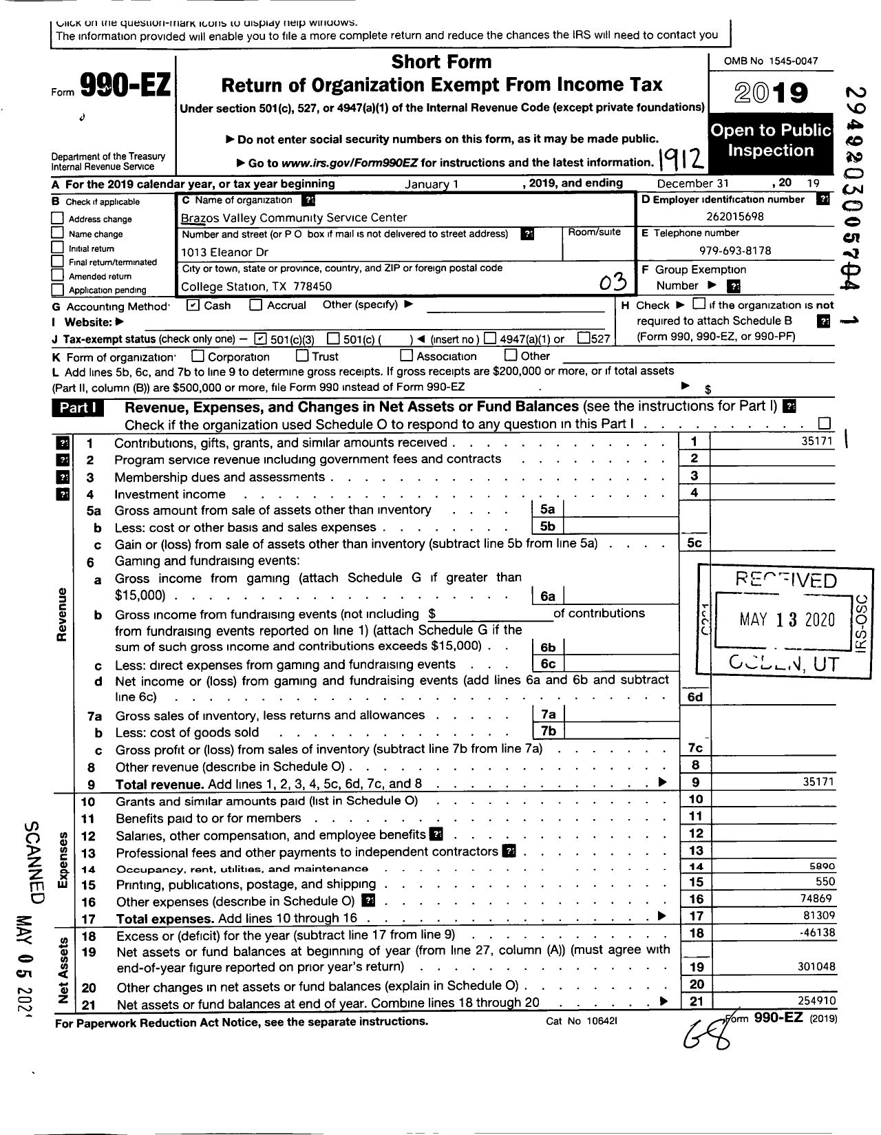 Image of first page of 2019 Form 990EZ for Brazos Valley Community Service Center