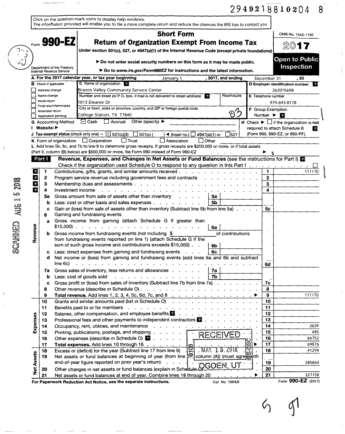 Image of first page of 2017 Form 990EZ for Brazos Valley Community Service Center