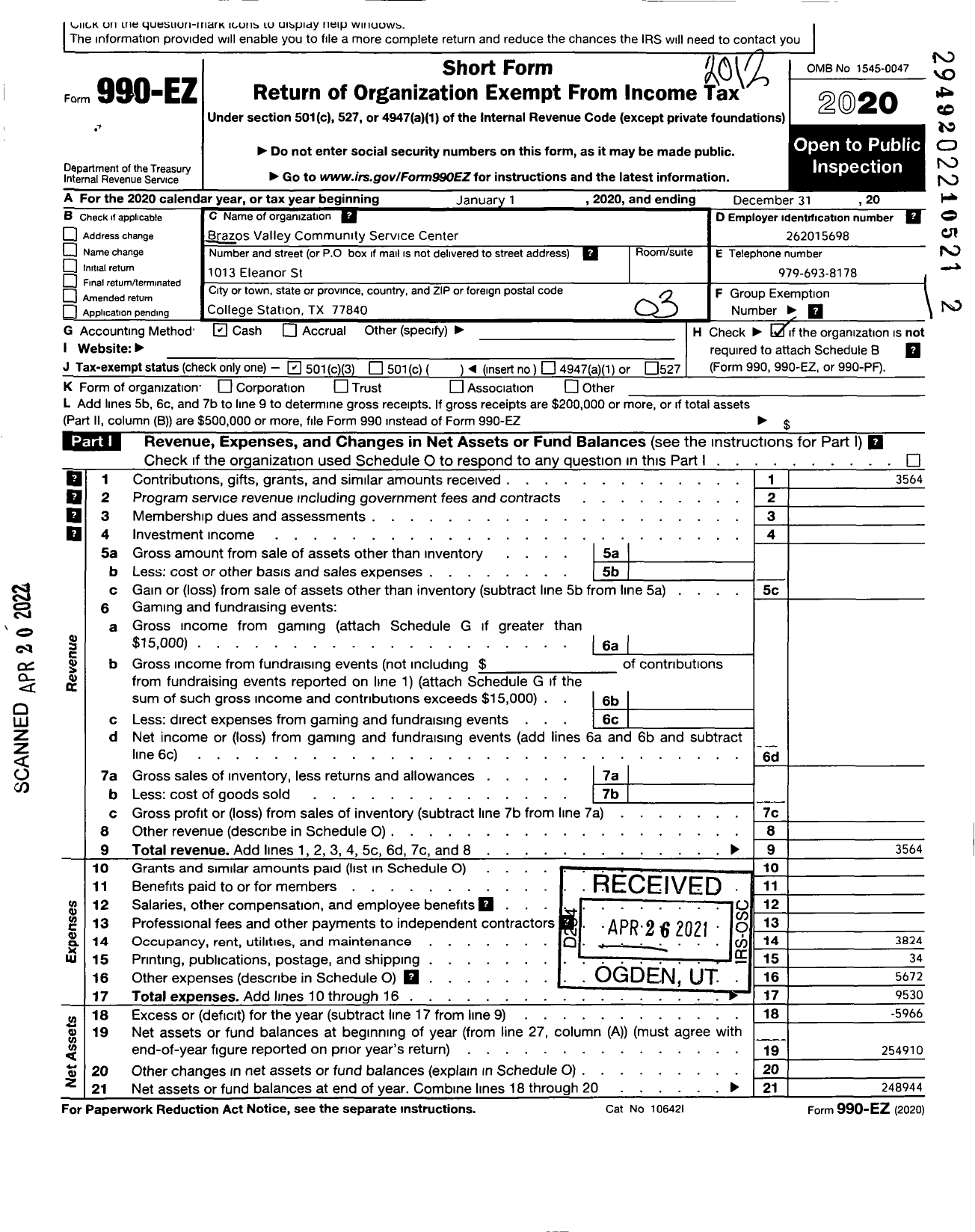 Image of first page of 2020 Form 990EZ for Brazos Valley Community Service Center